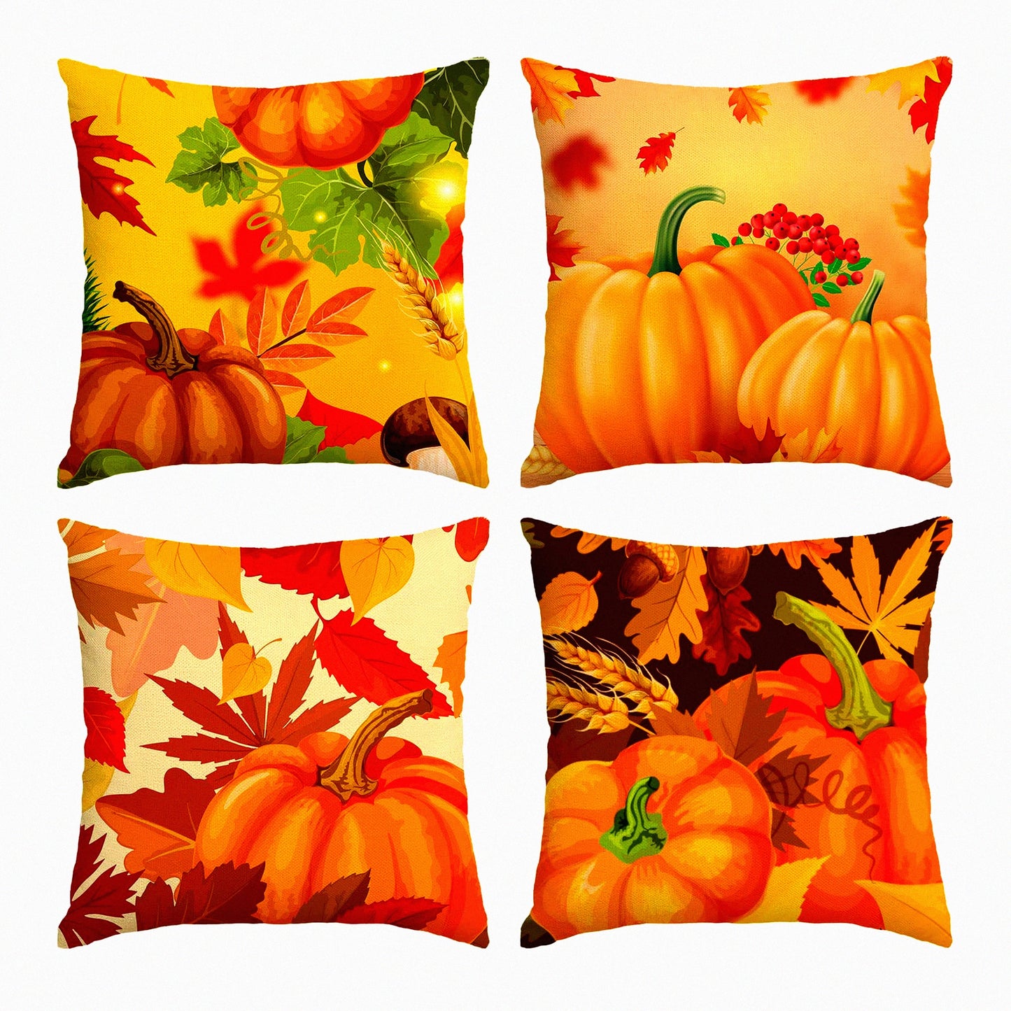 Autumn Harvest Pillow Covers - Set of 4 12x12 Inch Fall Thanksgiving Pumpkins & Leaves Throw Pillow Cases for Outdoor Sofa & Couch Decor