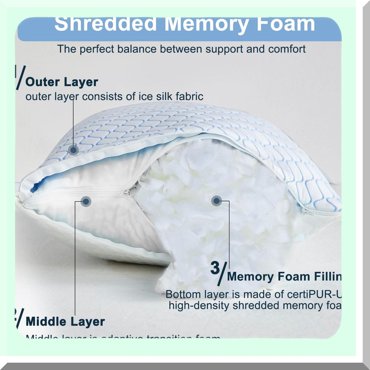 CoolDream Body Pillow - Shredded Memory Foam Long Pillow with Zippered Bamboo Cover for Side Sleepers. Perfect Bed Pillow for Adults.