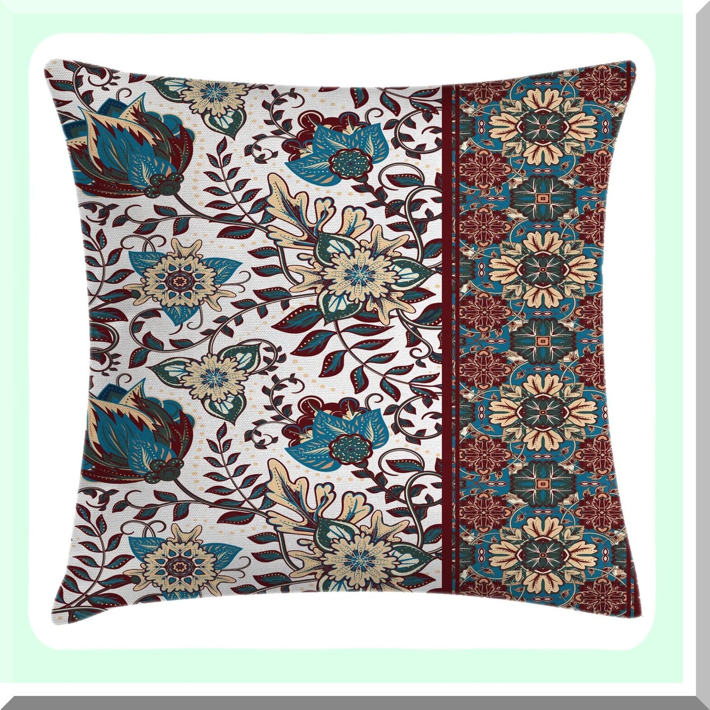 Floral Border Artwork Throw Pillow - Petrol Blue Decorative Cushion Cover - Traditional Middle Eastern Accent Case - 16" X 16" Square Pattern