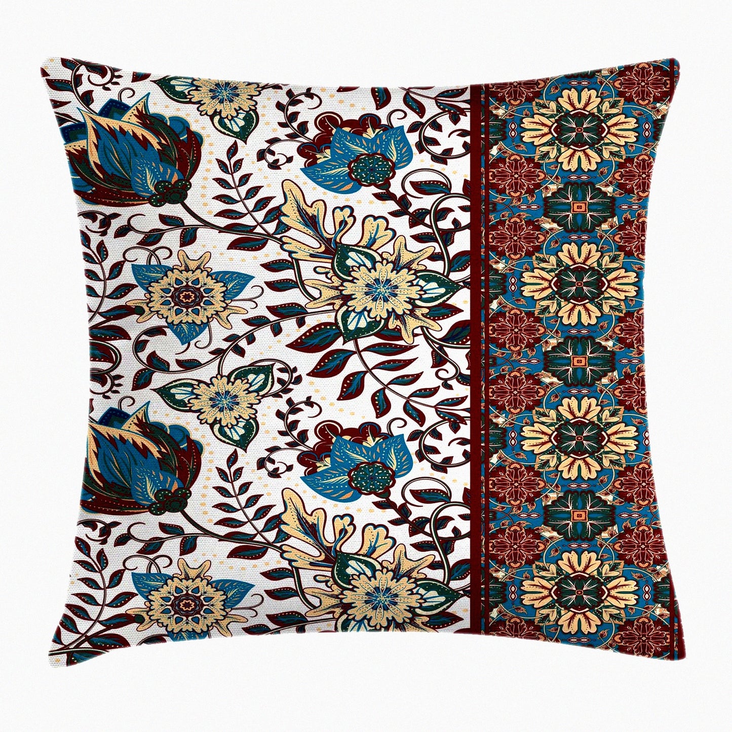 Floral Border Artwork Throw Pillow - Petrol Blue Decorative Cushion Cover - Traditional Middle Eastern Accent Case - 16" X 16" Square Pattern