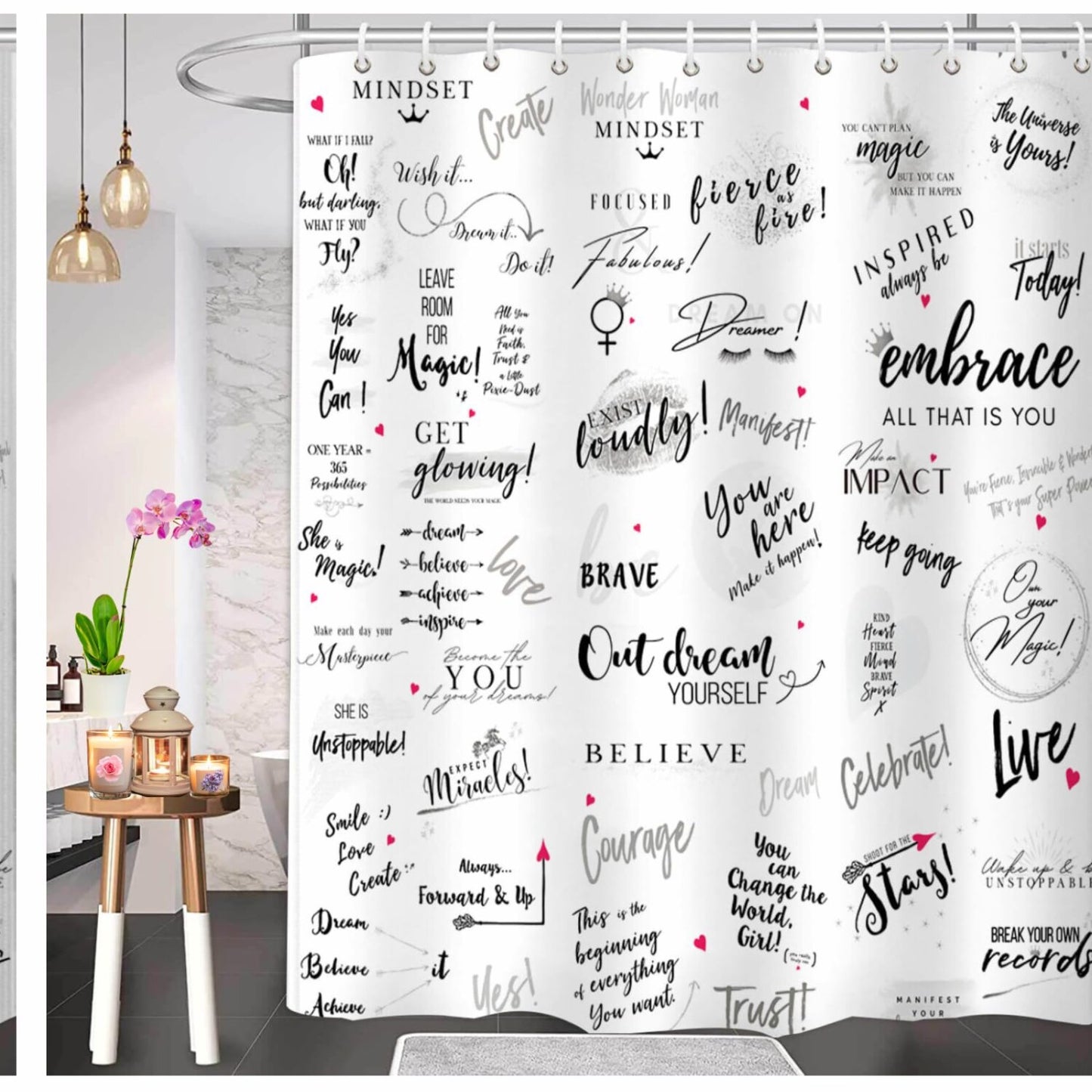 Black and White Shower Curtain with Inspirational Quotes, 71" W x 74" H