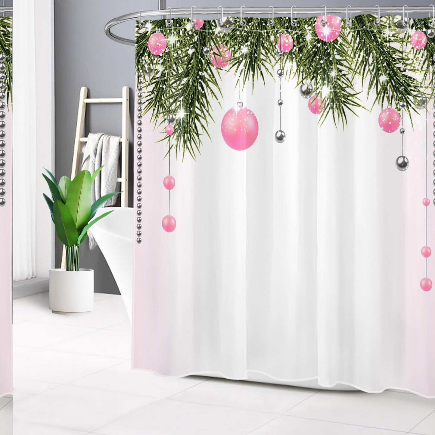 Pink Shower Curtain with Fir Branches and Xmas Balls, 72x72 Inch
