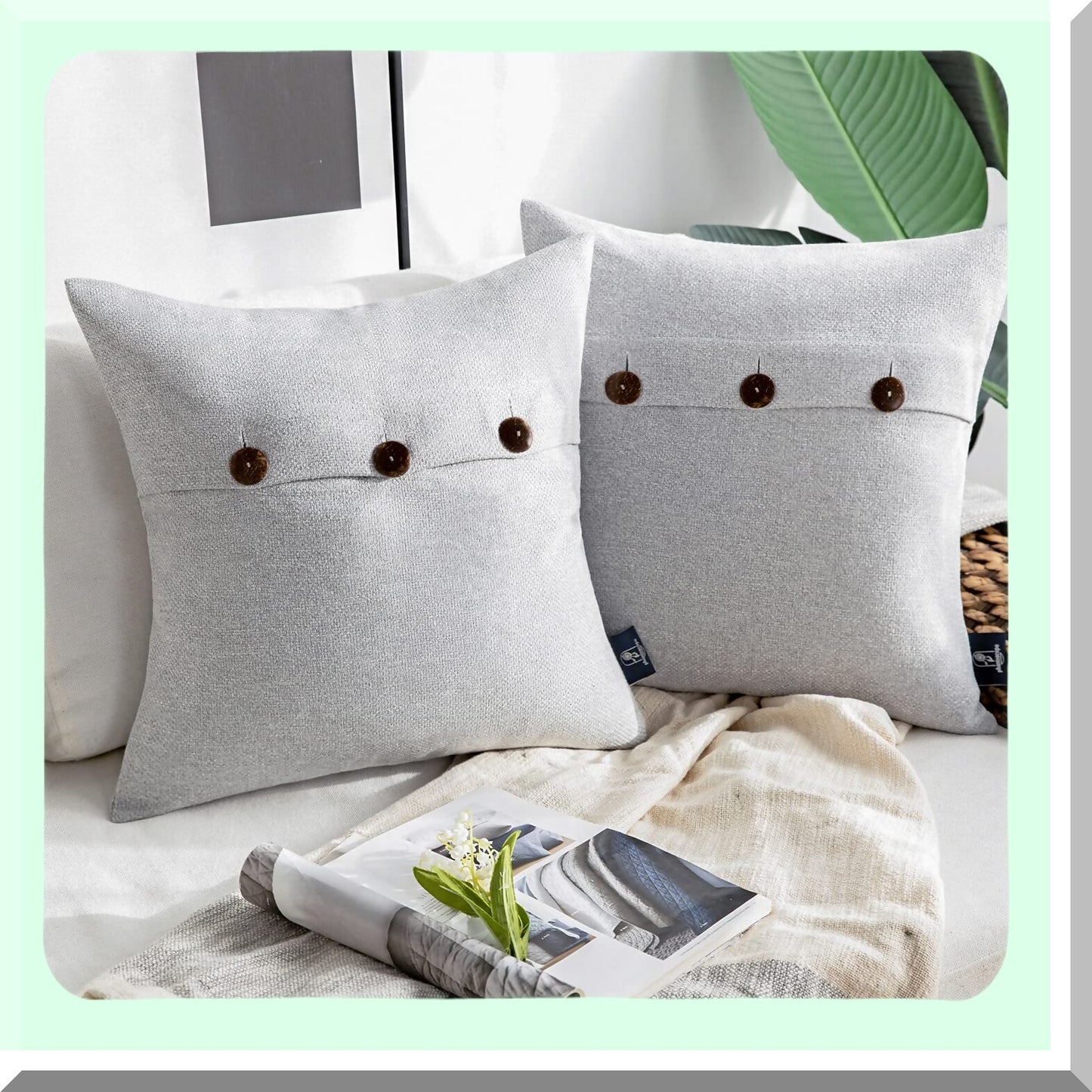 Vintage Linen Triple Button Farmhouse Pillow Covers - Set of 2 Decorative Throw Pillow Covers for Couch, Bed, Chair - Light Grey, 18x18 inches