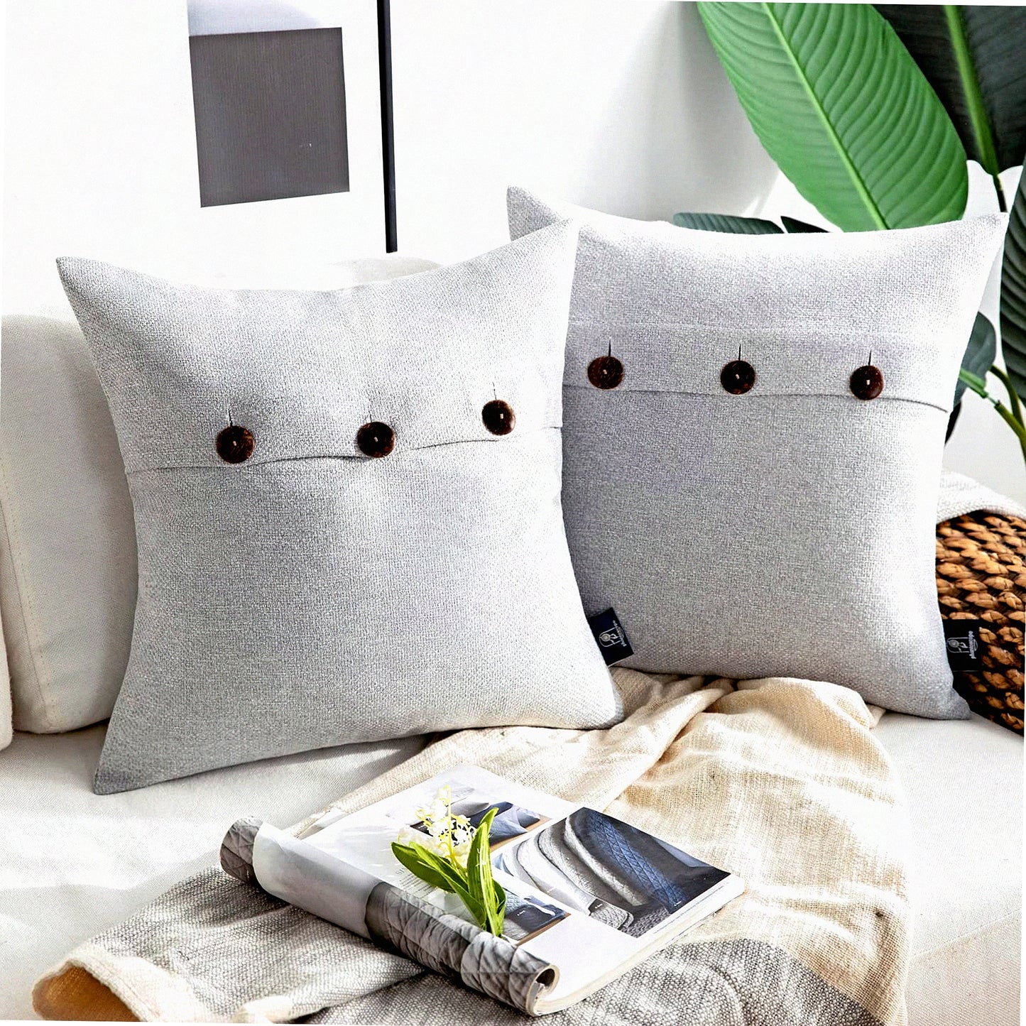 Vintage Linen Triple Button Farmhouse Pillow Covers - Set of 2 Decorative Throw Pillow Covers for Couch, Bed, Chair - Light Grey, 18x18 inches