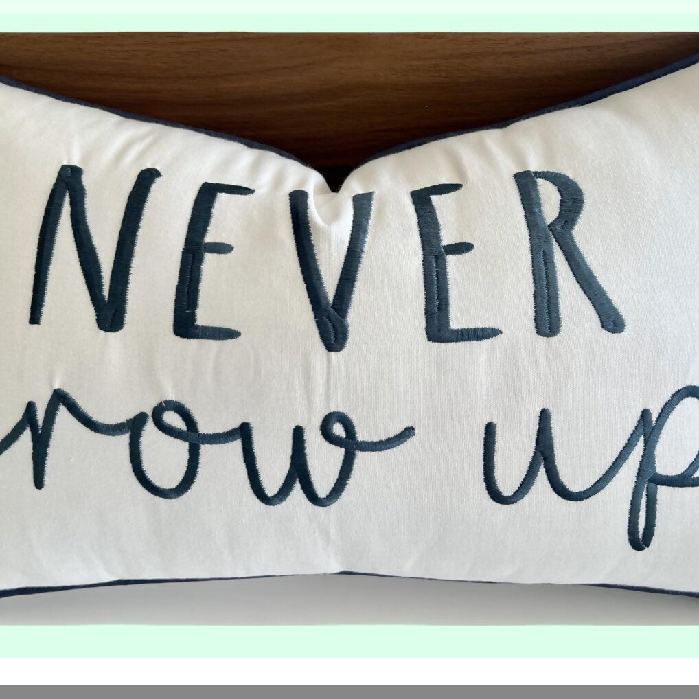 Embroidered Nursery Lumbar Pillow Cover - Boys Room Decor - Ivory Throw Pillow - Never Grow Up Theme - 12x20 Inches - Kids Bedroom Accent