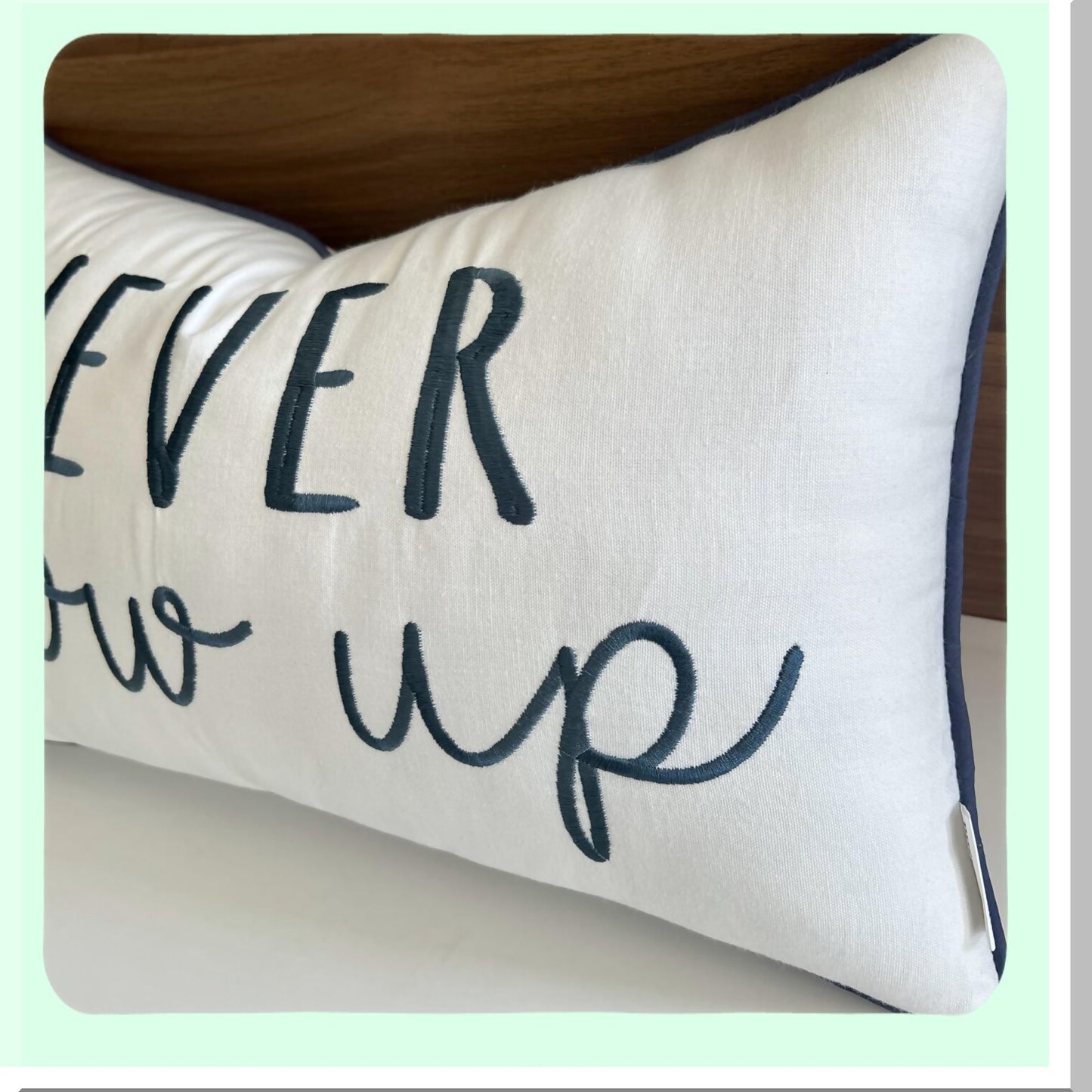 Embroidered Nursery Lumbar Pillow Cover - Boys Room Decor - Ivory Throw Pillow - Never Grow Up Theme - 12x20 Inches - Kids Bedroom Accent