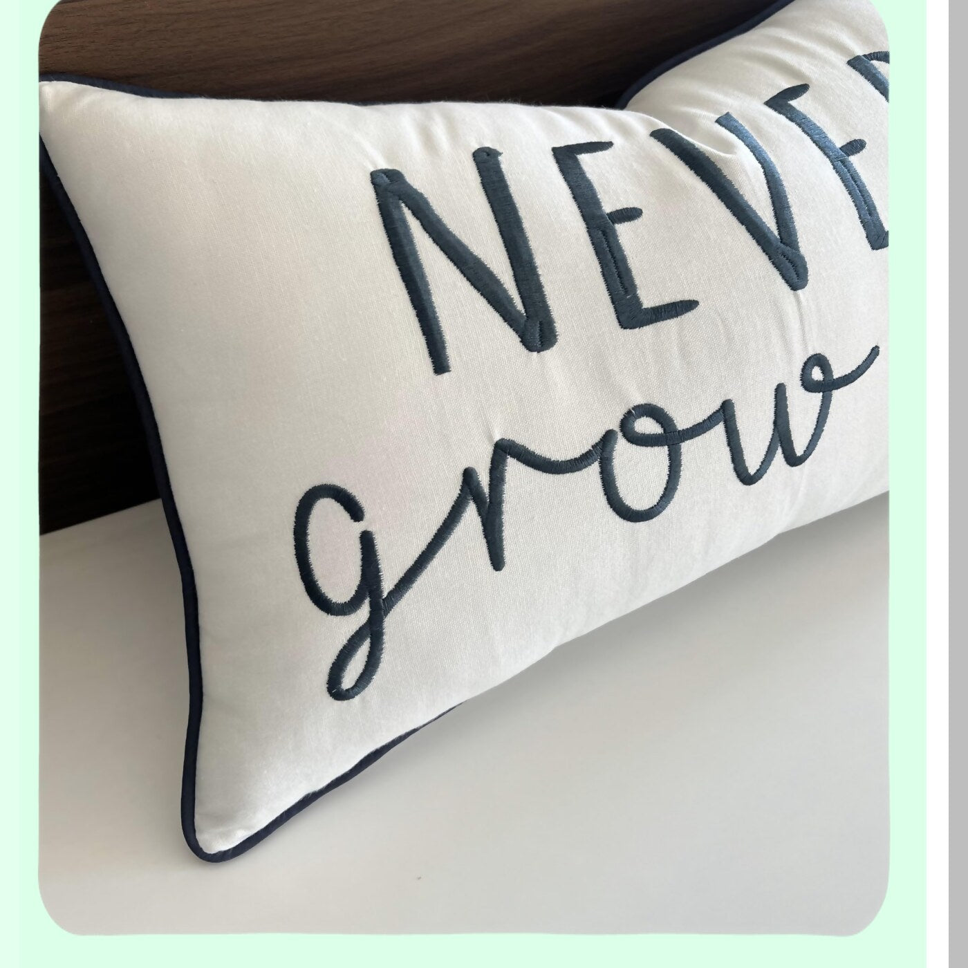 Embroidered Nursery Lumbar Pillow Cover - Boys Room Decor - Ivory Throw Pillow - Never Grow Up Theme - 12x20 Inches - Kids Bedroom Accent