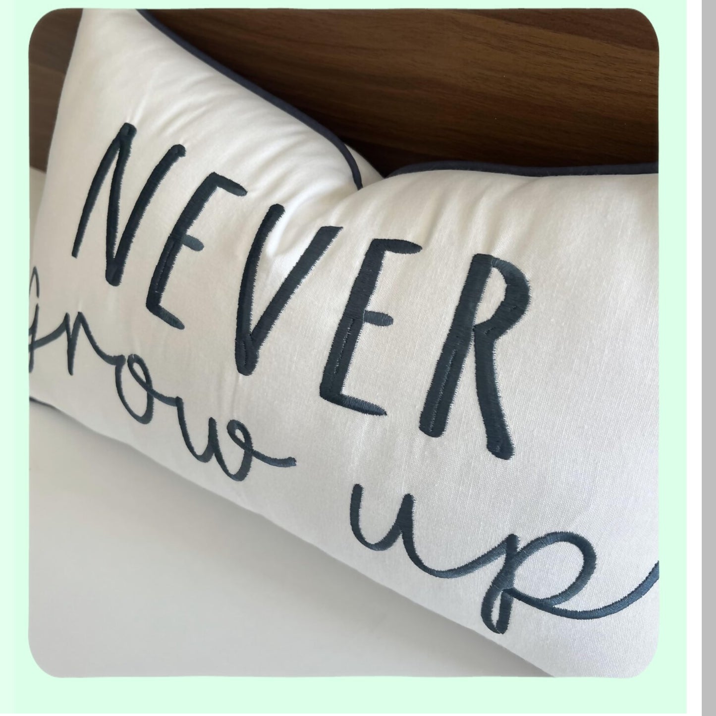 Embroidered Nursery Lumbar Pillow Cover - Boys Room Decor - Ivory Throw Pillow - Never Grow Up Theme - 12x20 Inches - Kids Bedroom Accent