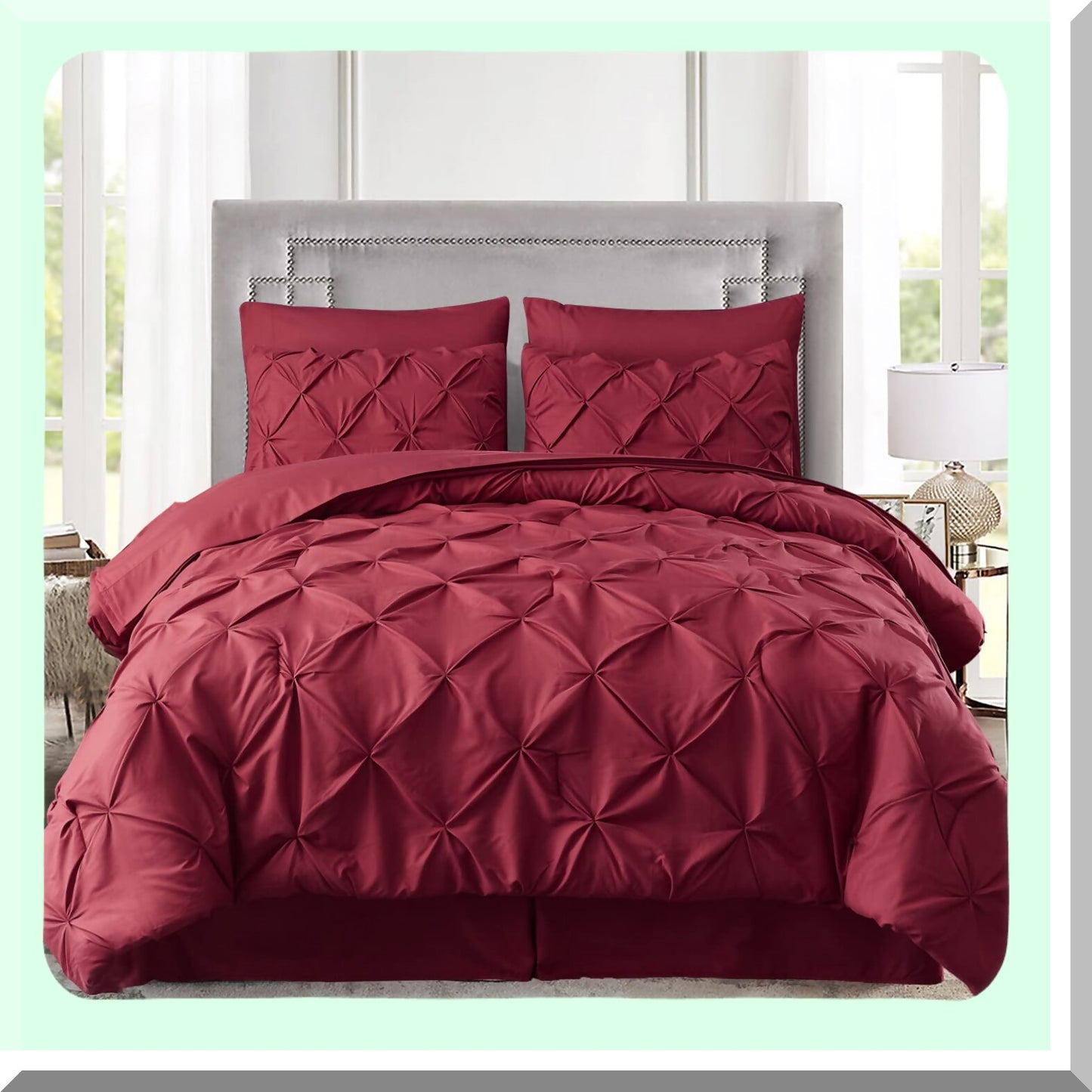 Luxury Pleat Comforter Set - 8 Piece Pintuck Microfiber Bedding Set with 500GSM Down Alternative Fill. California King Size in Burgundy Color.