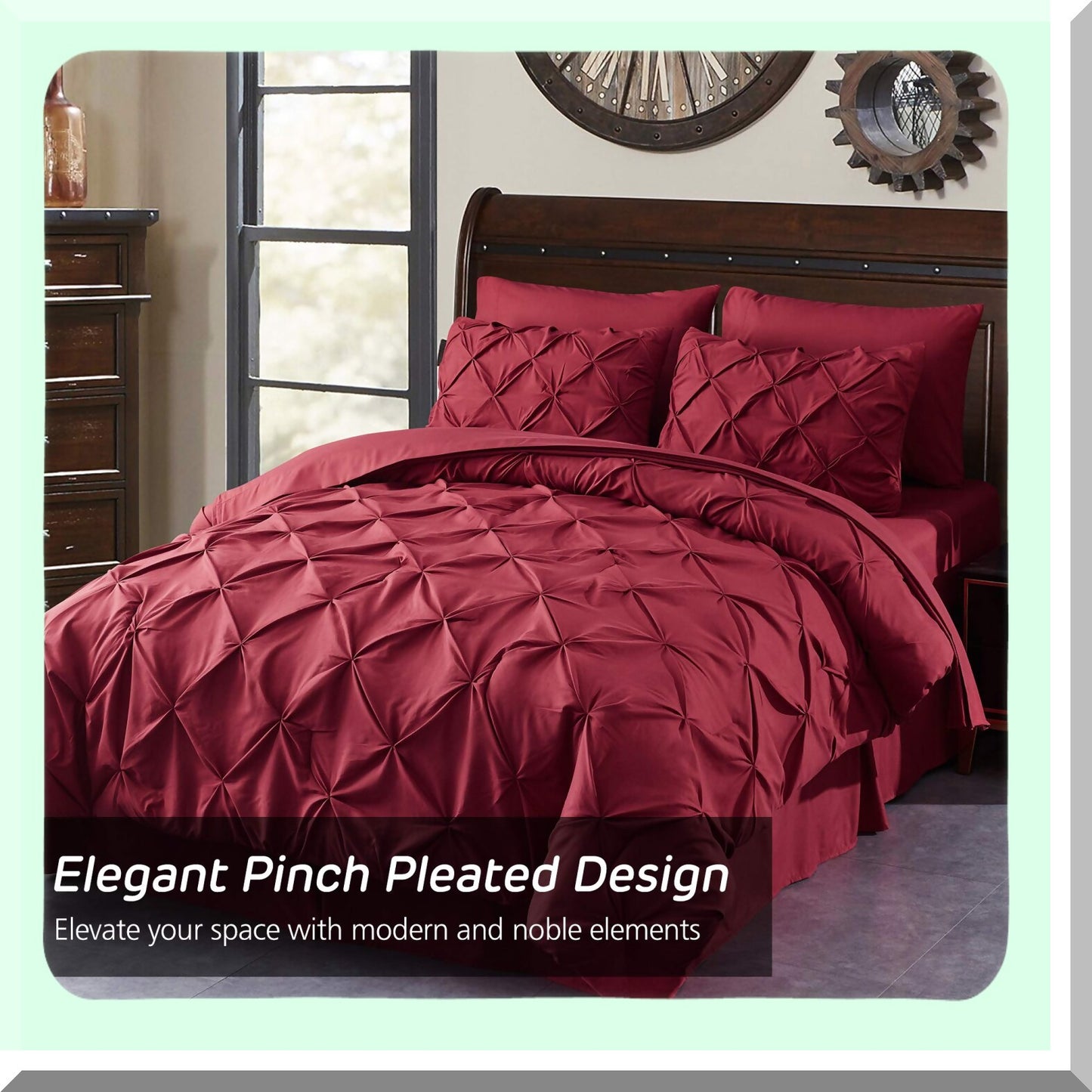 Luxury Pleat Comforter Set - 8 Piece Pintuck Microfiber Bedding Set with 500GSM Down Alternative Fill. California King Size in Burgundy Color.