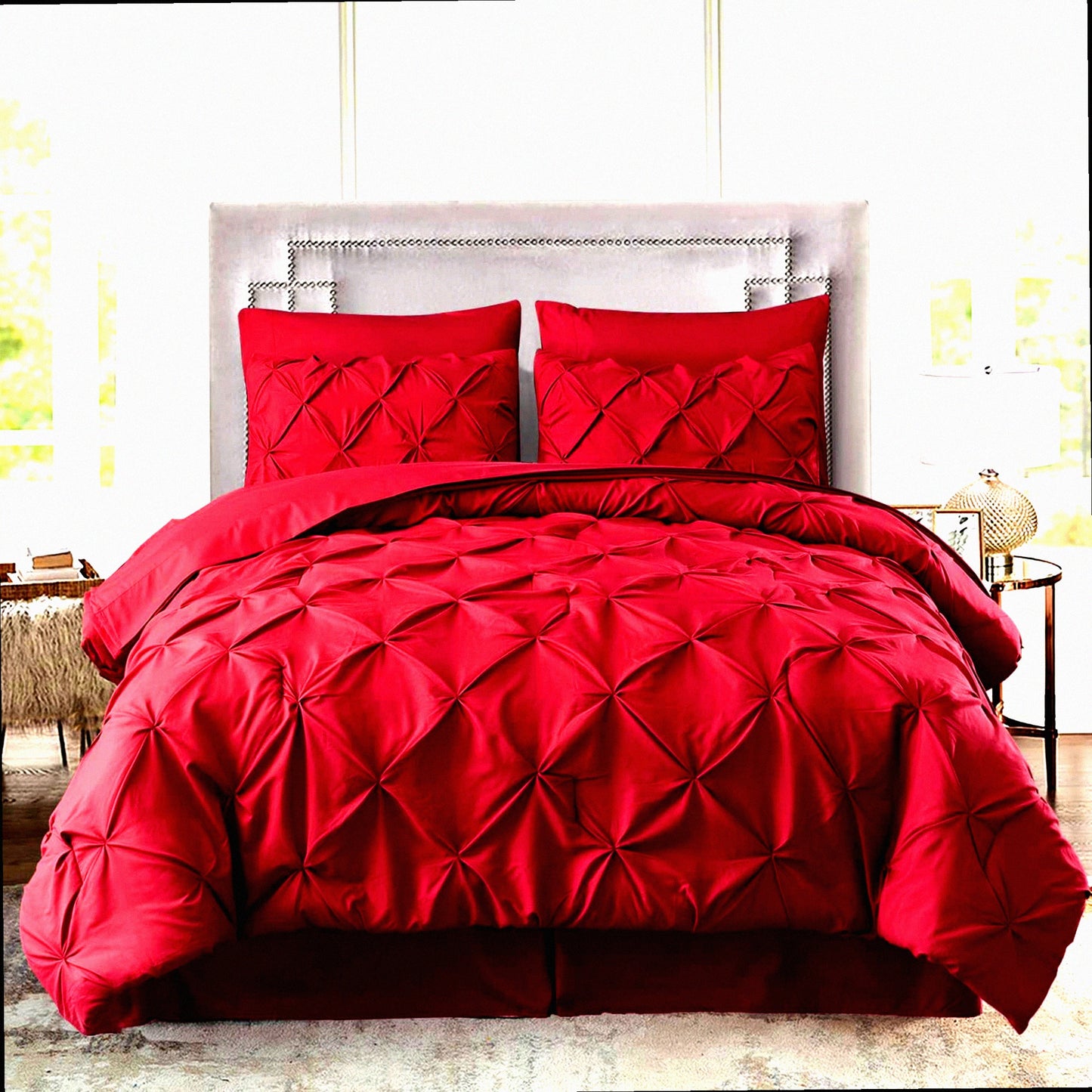 Luxury Pleat Comforter Set - 8 Piece Pintuck Microfiber Bedding Set with 500GSM Down Alternative Fill. California King Size in Burgundy Color.