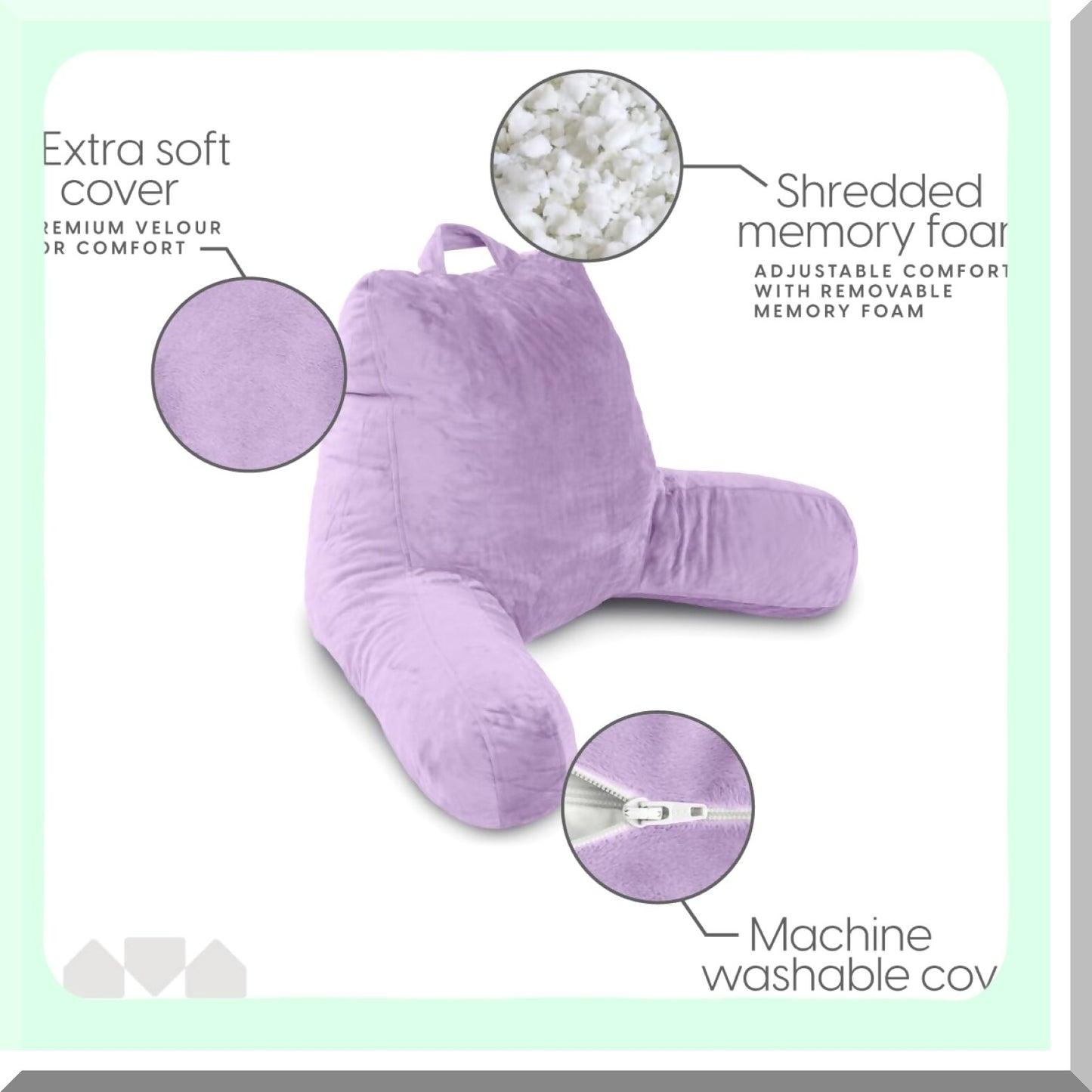 Lavender Comfort Rest Pillow - Memory Foam Backrest with Arms for Sitting Up in Bed. Washable Cover, Large Adult Reading Pillow for Back Support.