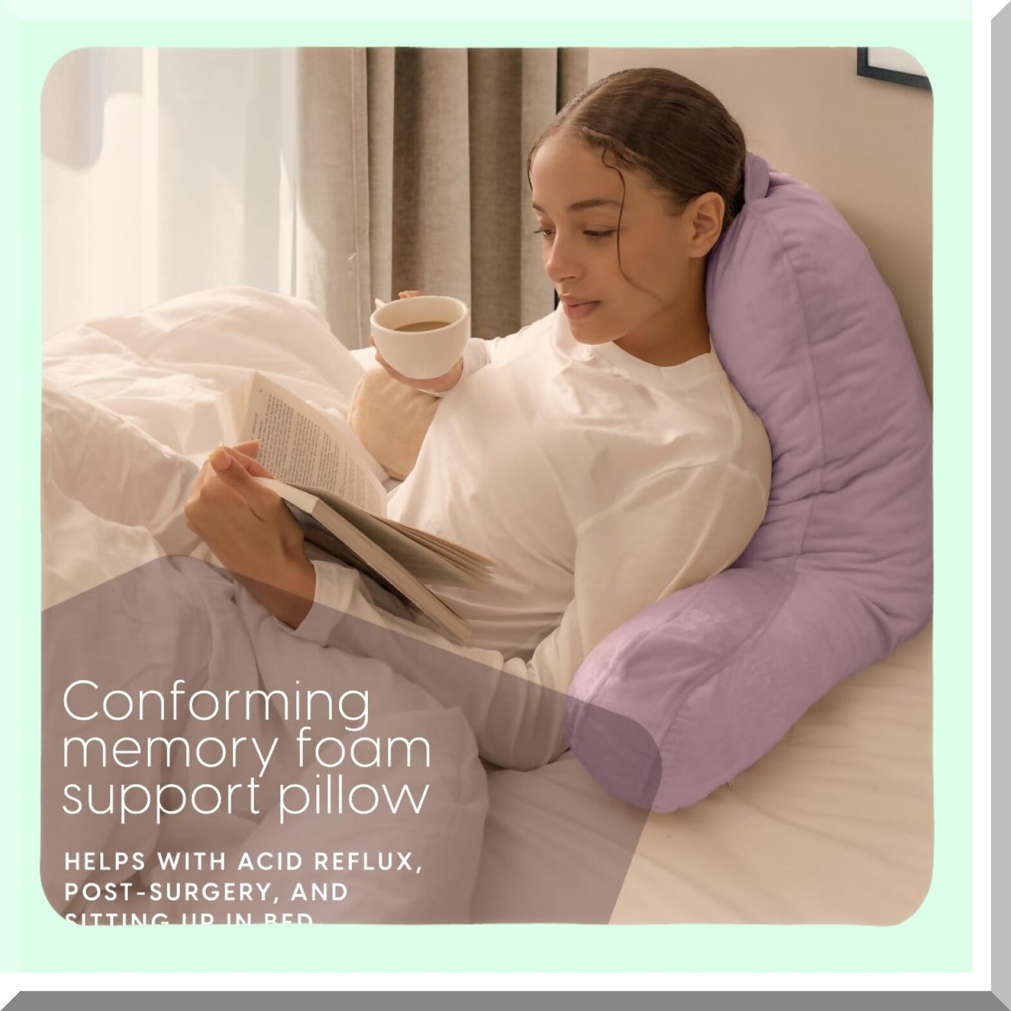 Lavender Comfort Rest Pillow - Memory Foam Backrest with Arms for Sitting Up in Bed. Washable Cover, Large Adult Reading Pillow for Back Support.