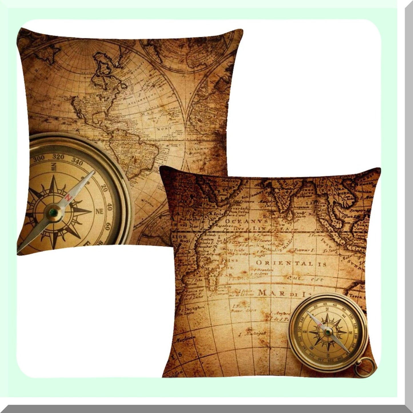 Vintage Navigation Map Decorative Pillow Covers - Set of 2 Square Cotton Linen Cushion Cases for Home Sofa Bedding - 18X18 Brown Theme