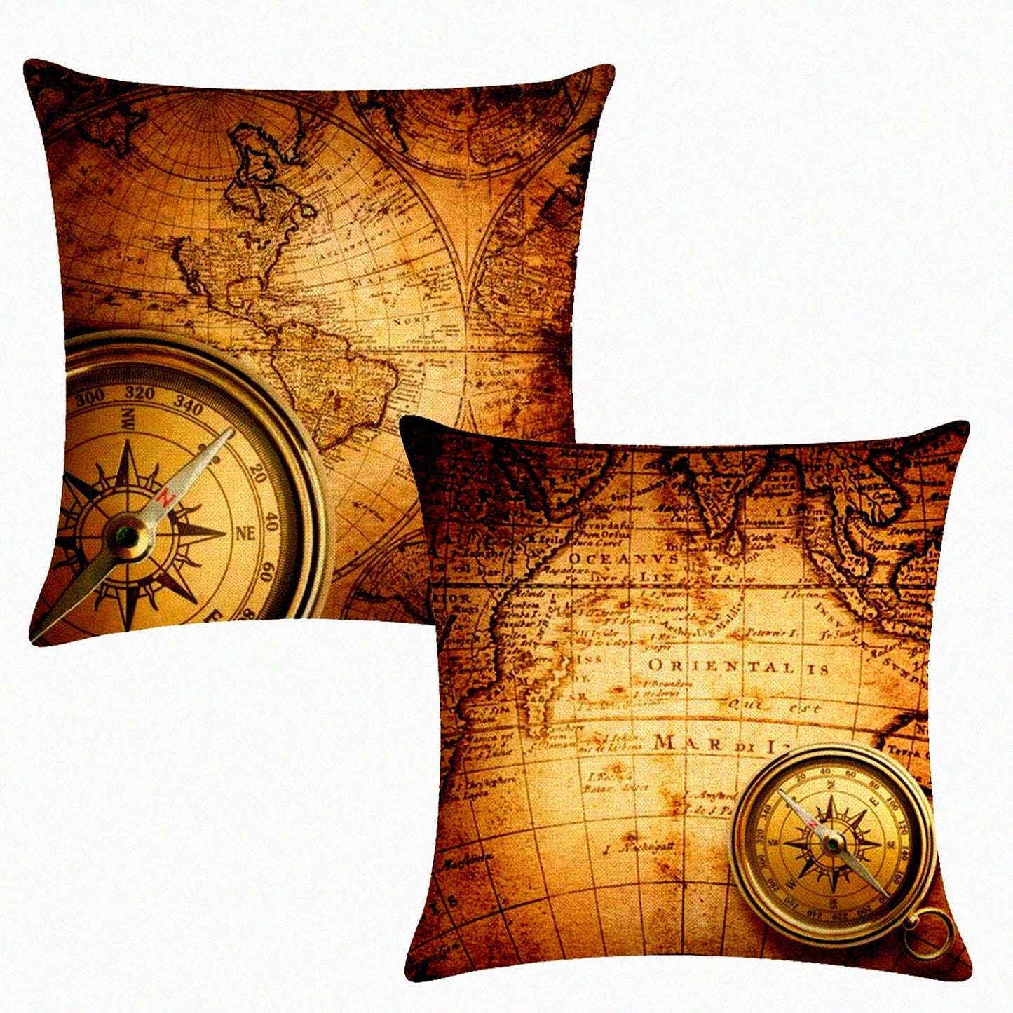 Vintage Navigation Map Decorative Pillow Covers - Set of 2 Square Cotton Linen Cushion Cases for Home Sofa Bedding - 18X18 Brown Theme