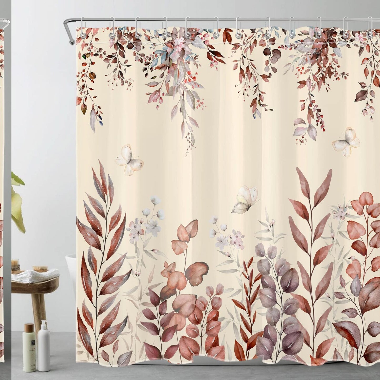 Fall Leaves Watercolor Eucalyptus Butterfly Shower Curtain 72x72 Inch