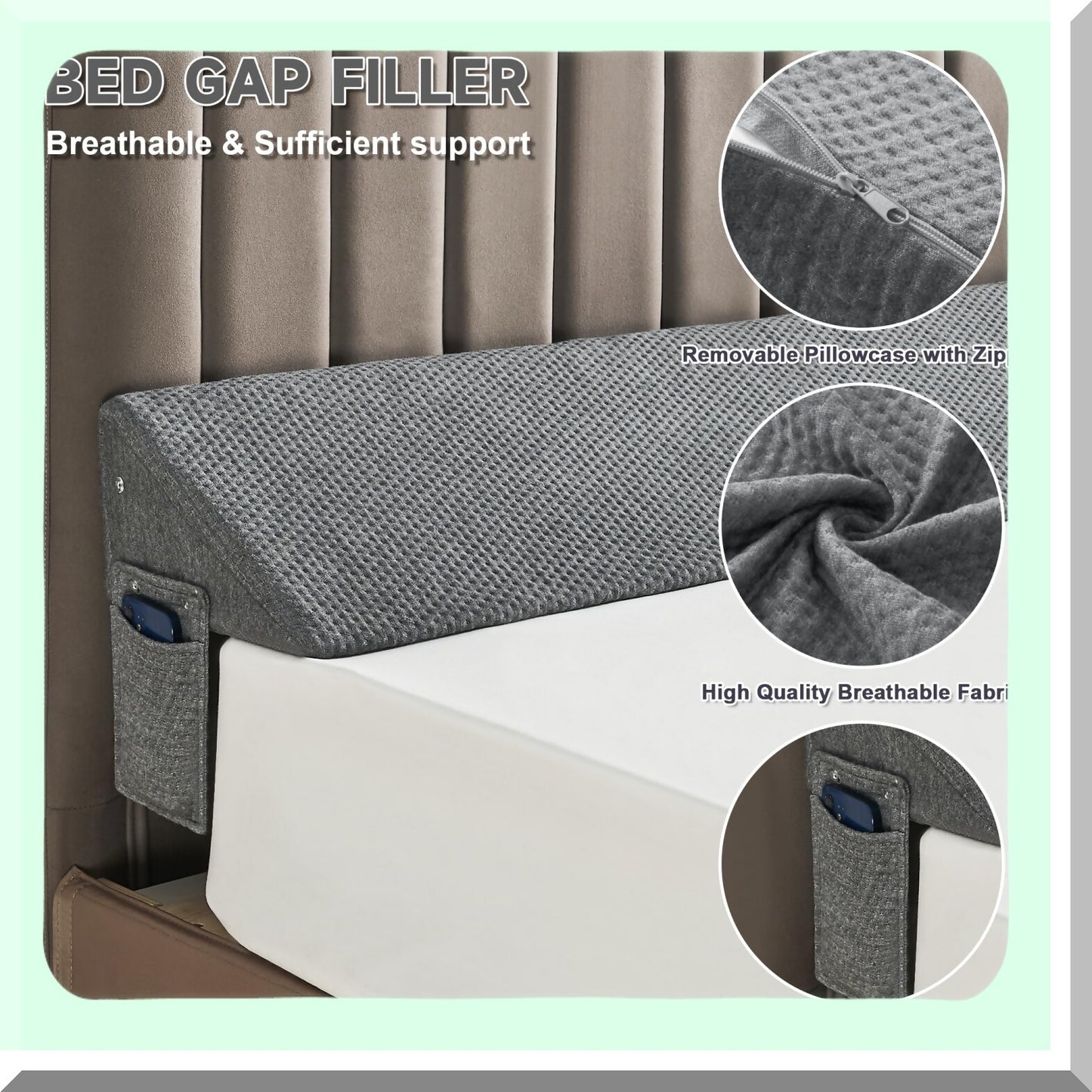 Headboard Gap Guard - Mattress Wedge Pillow - Headboard Filler - Bed Wedge Spacer - Gap Cushion - Headboard Mattress Bridge - Dark Grey Bed Wedge
