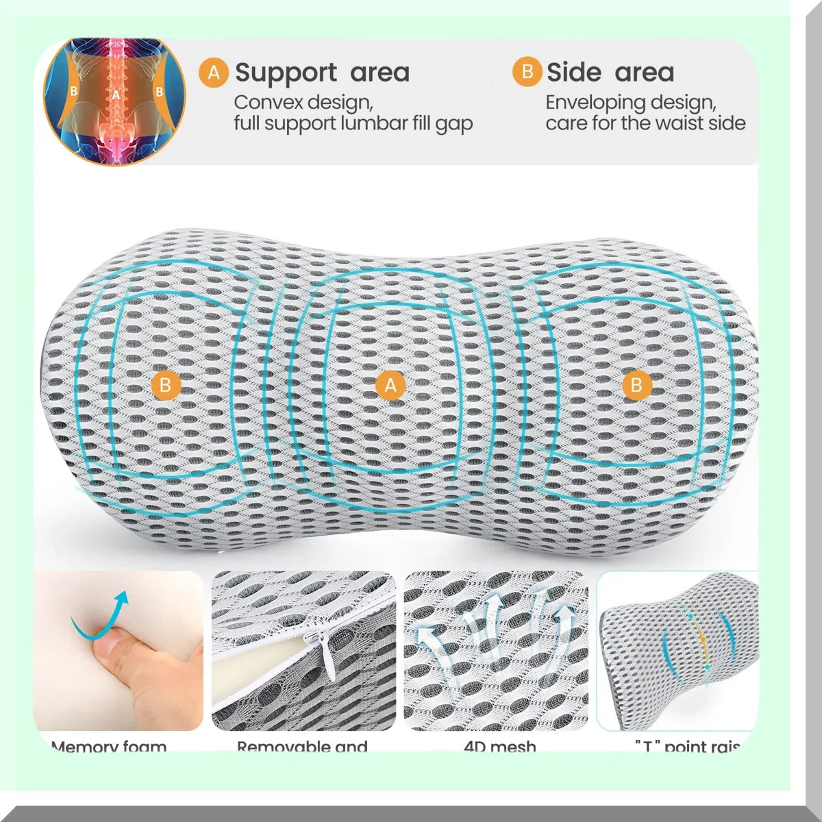 MODAIO - ErgoFlex Memory Foam Lumbar Support Pillow - Adjustable Back Pillow for Office Chair, Car Seat, Sleeping - Lower Back Pain Relief - Rest White