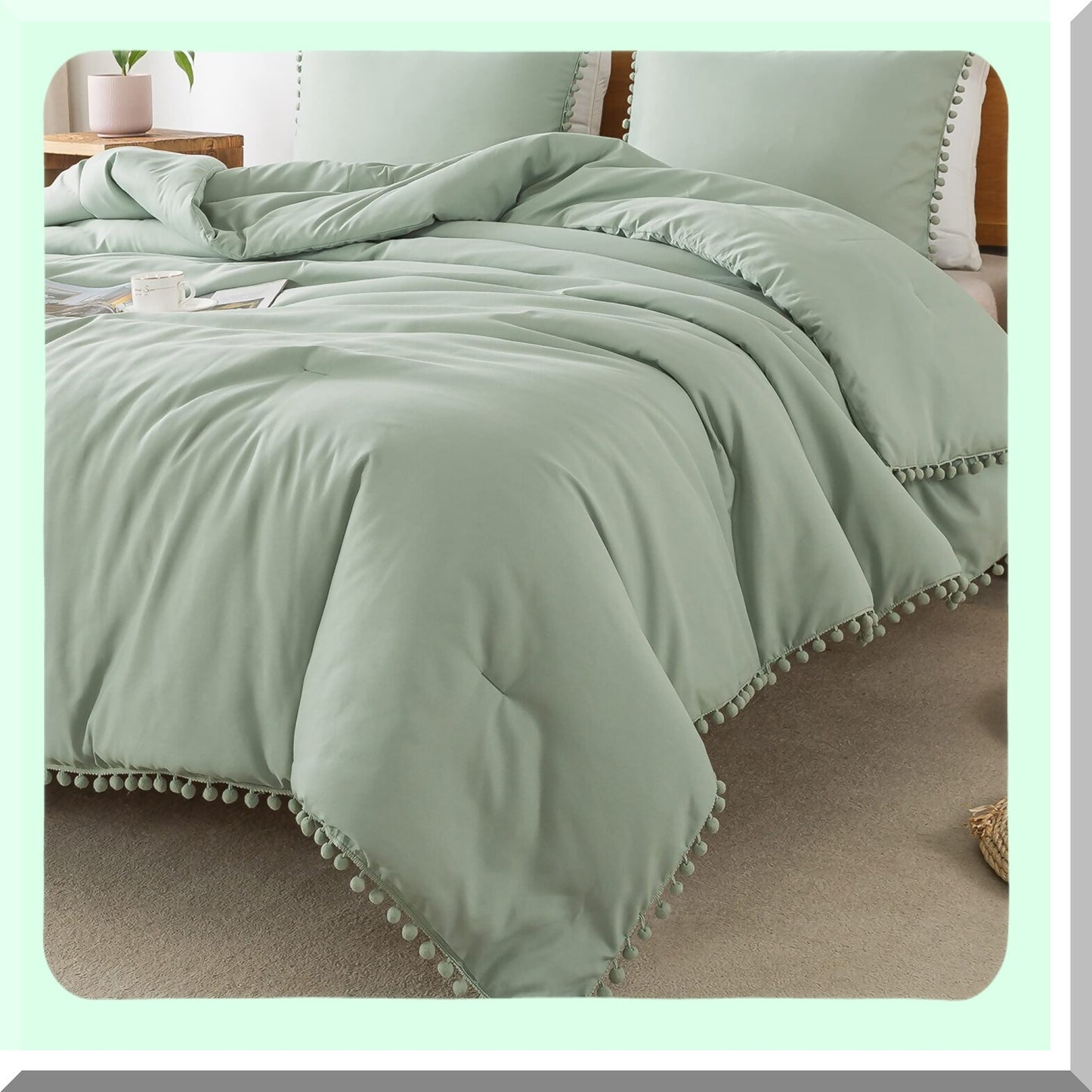 Sage Green Boho Pom Pom Comforter Set - Full Size 2 Piece Lightweight Bedding Set - All Season Solid Color Comforter Set with Pillowcase - 66x90 Inch