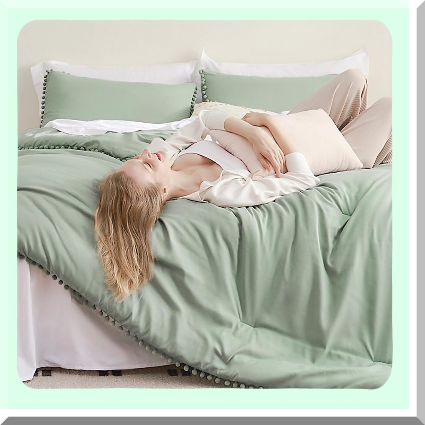 Sage Green Boho Pom Pom Comforter Set - Full Size 2 Piece Lightweight Bedding Set - All Season Solid Color Comforter Set with Pillowcase - 66x90 Inch