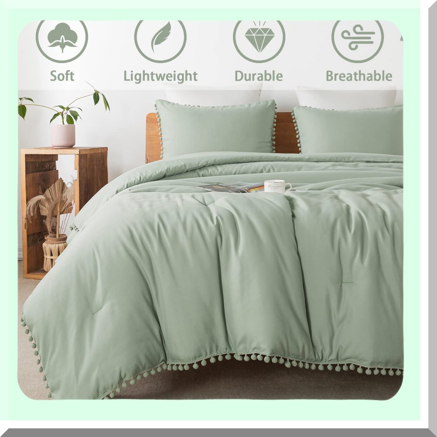 Sage Green Boho Pom Pom Comforter Set - Full Size 2 Piece Lightweight Bedding Set - All Season Solid Color Comforter Set with Pillowcase - 66x90 Inch