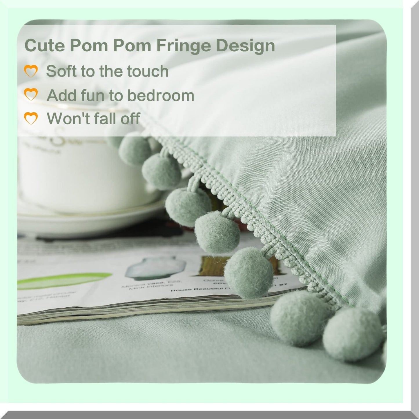 Sage Green Boho Pom Pom Comforter Set - Full Size 2 Piece Lightweight Bedding Set - All Season Solid Color Comforter Set with Pillowcase - 66x90 Inch