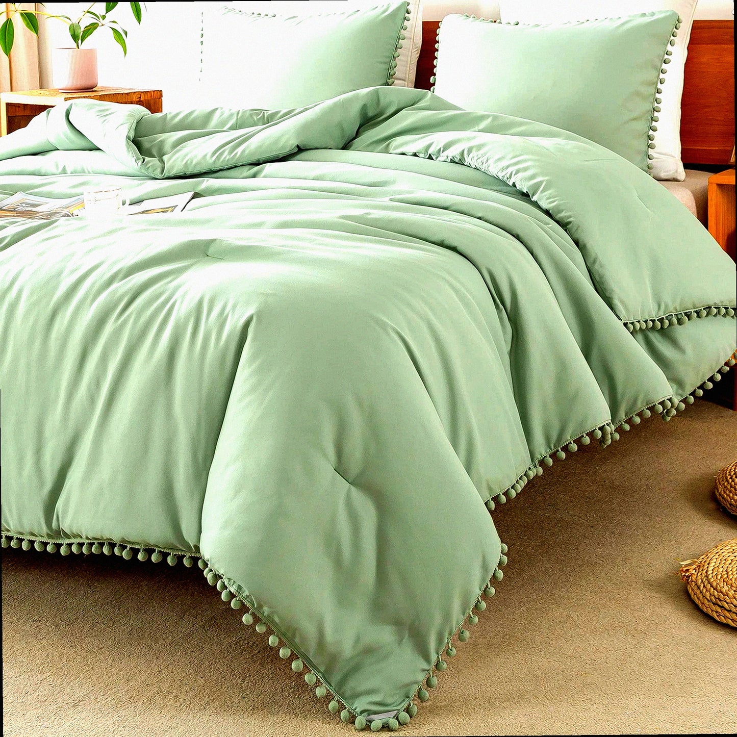 Sage Green Boho Pom Pom Comforter Set - Full Size 2 Piece Lightweight Bedding Set - All Season Solid Color Comforter Set with Pillowcase - 66x90 Inch