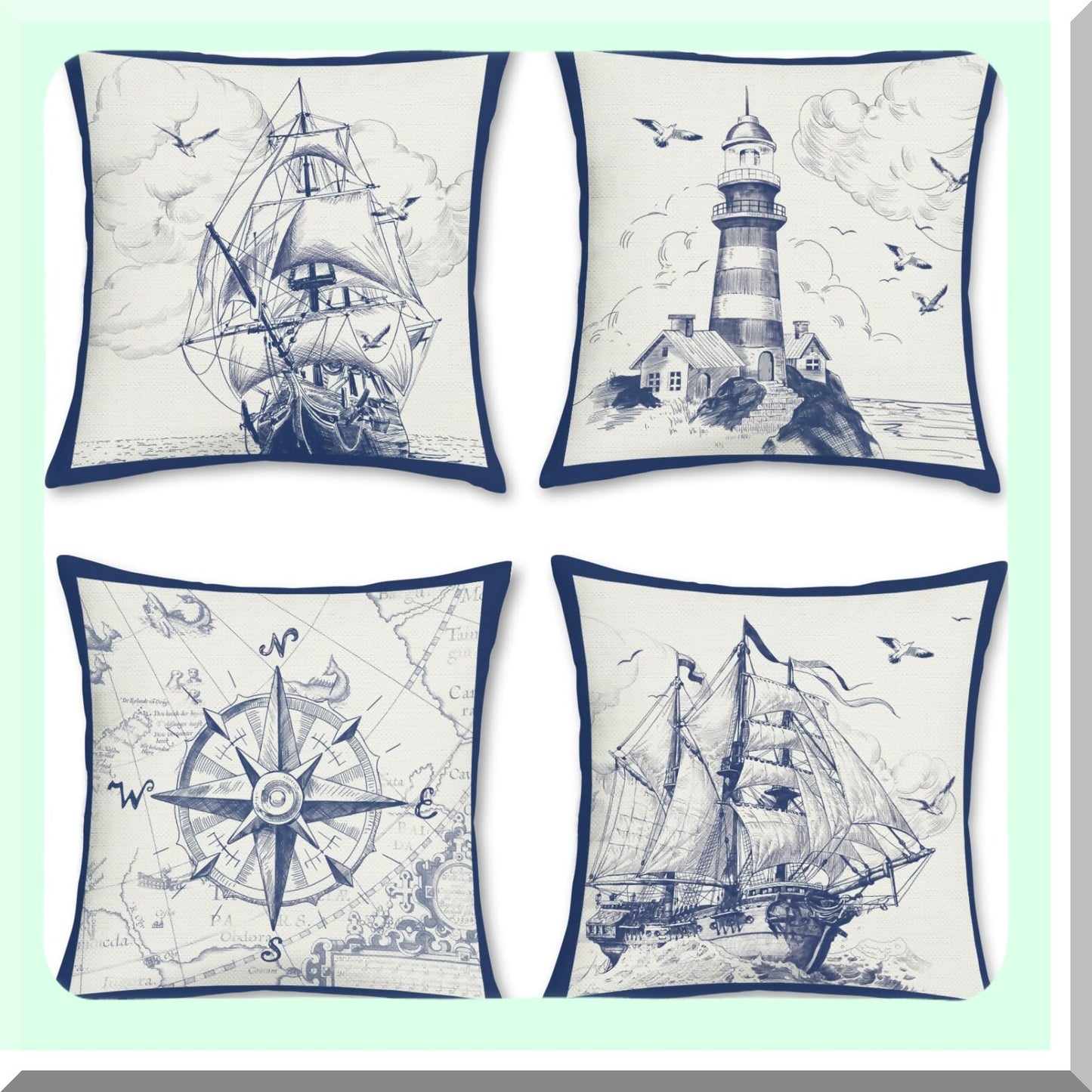 Nautical Sailboat Lighthouse Decorative Pillow Covers Set - Coastal Polyester Linen Cushion Case for Couch Sofa Bed Home Decor - 18 x 18 Inch, Pack of 4