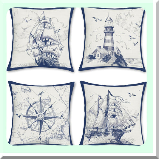 Nautical Sailboat Lighthouse Pillow Covers Set 18x18