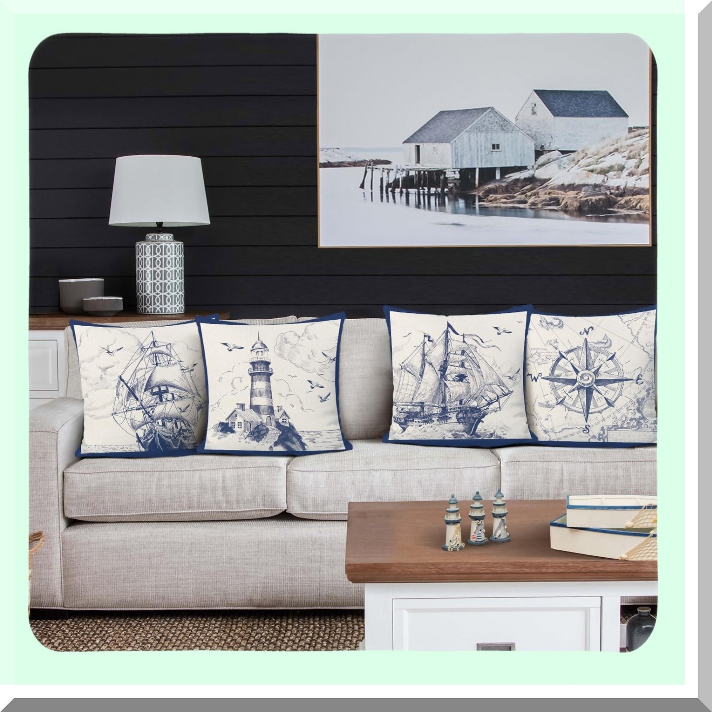 Nautical Sailboat Lighthouse Decorative Pillow Covers Set - Coastal Polyester Linen Cushion Case for Couch Sofa Bed Home Decor - 18 x 18 Inch, Pack of 4