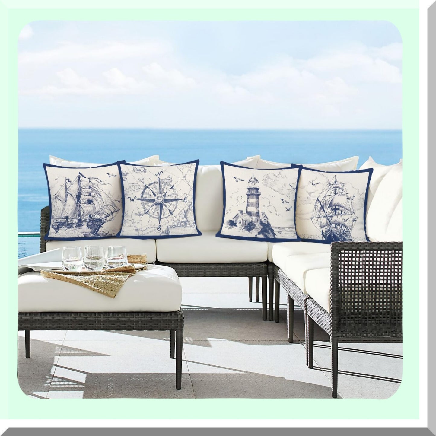 Nautical Sailboat Lighthouse Decorative Pillow Covers Set - Coastal Polyester Linen Cushion Case for Couch Sofa Bed Home Decor - 18 x 18 Inch, Pack of 4