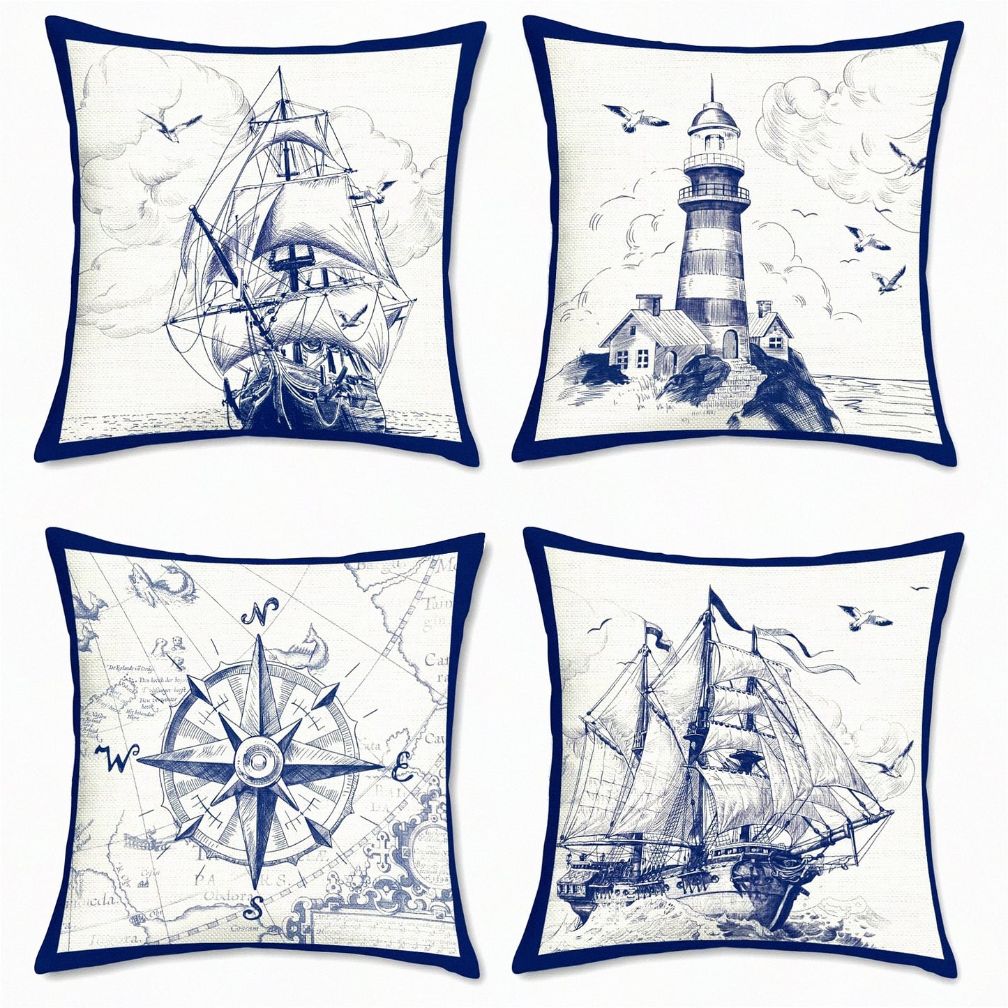 Nautical Sailboat Lighthouse Decorative Pillow Covers Set - Coastal Polyester Linen Cushion Case for Couch Sofa Bed Home Decor - 18 x 18 Inch, Pack of 4