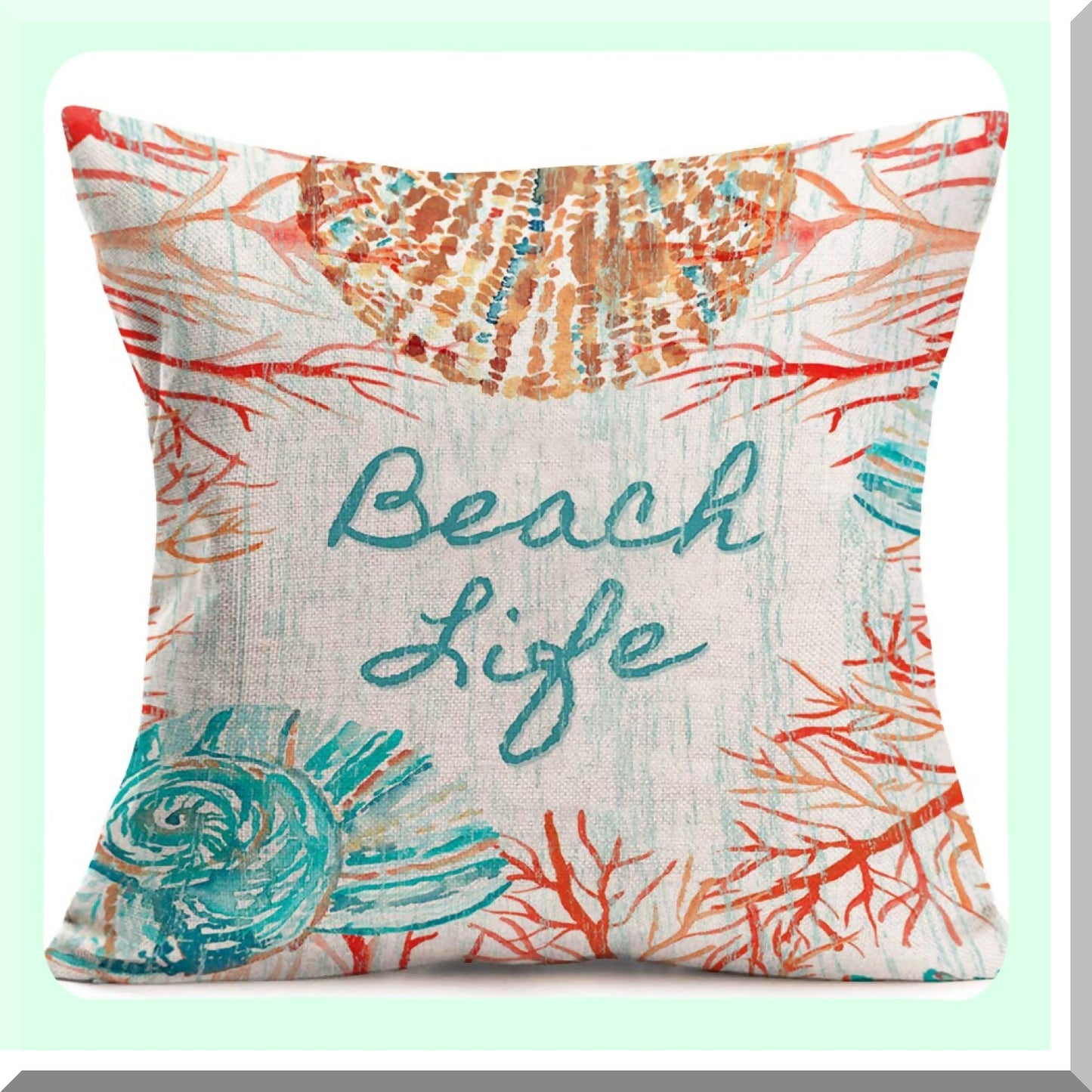 Coastal Charm Pillow Covers - 18X18 Inch Square Cotton Linen with Wood Grain Background - Summer Style Coral Shell Decorative Cushion Cover