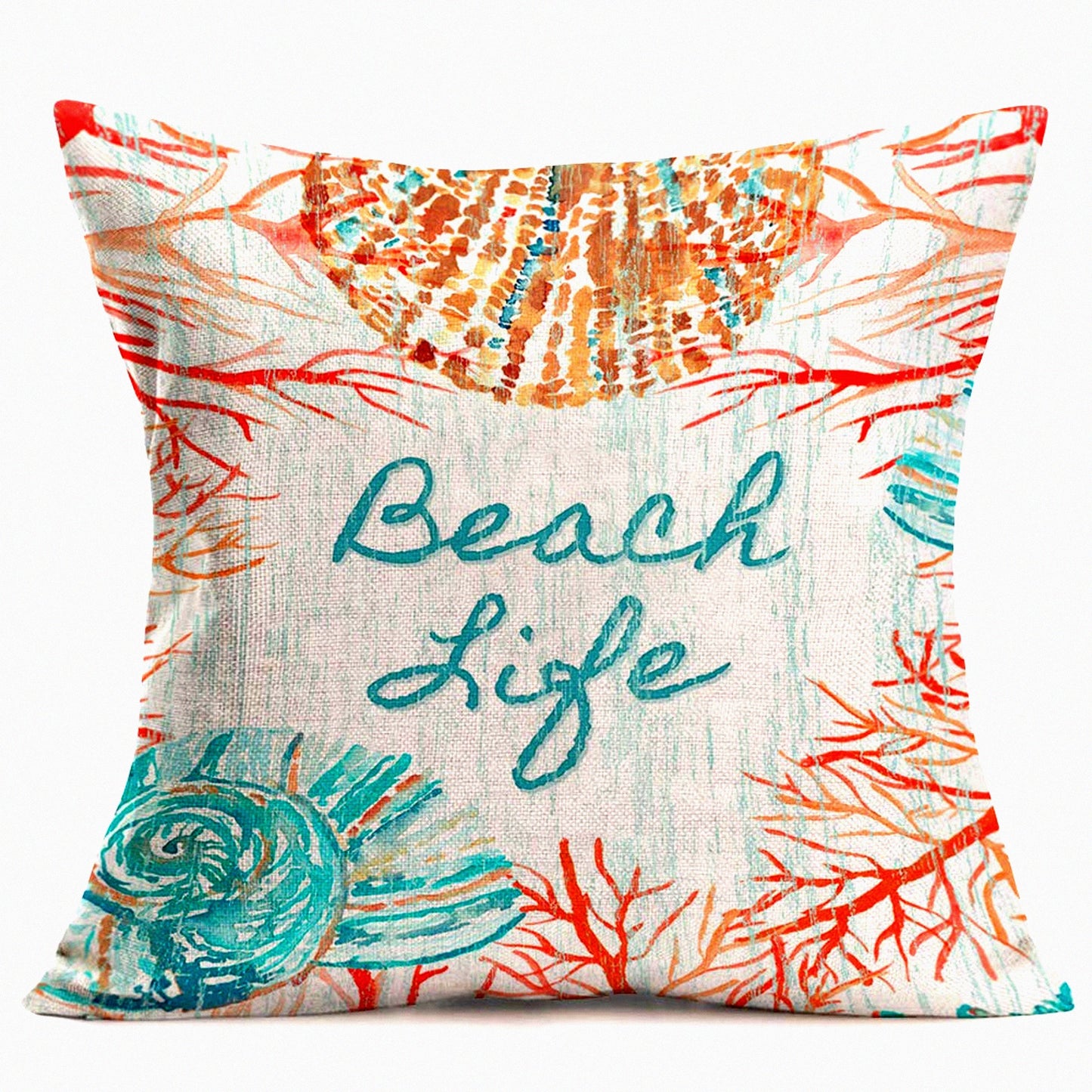 Coastal Charm Pillow Covers - 18X18 Inch Square Cotton Linen with Wood Grain Background - Summer Style Coral Shell Decorative Cushion Cover