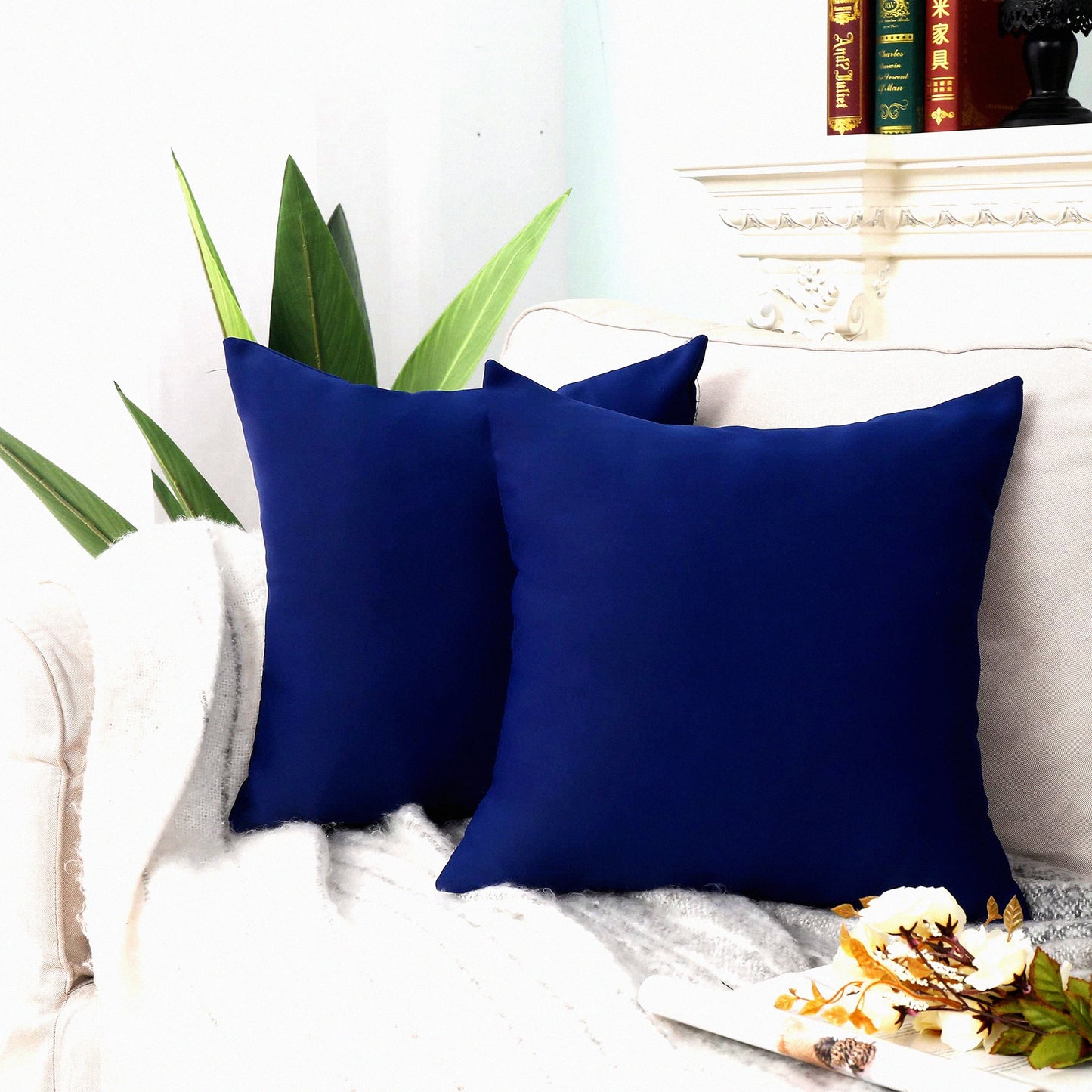 Luxury Navy Blue Throw Pillow Covers - Set of 2 Soft Cushion Cases for Couch, Bed, Chair - Hidden Zipper Euro Sham - Square Pillow Cover 20X20 Inches