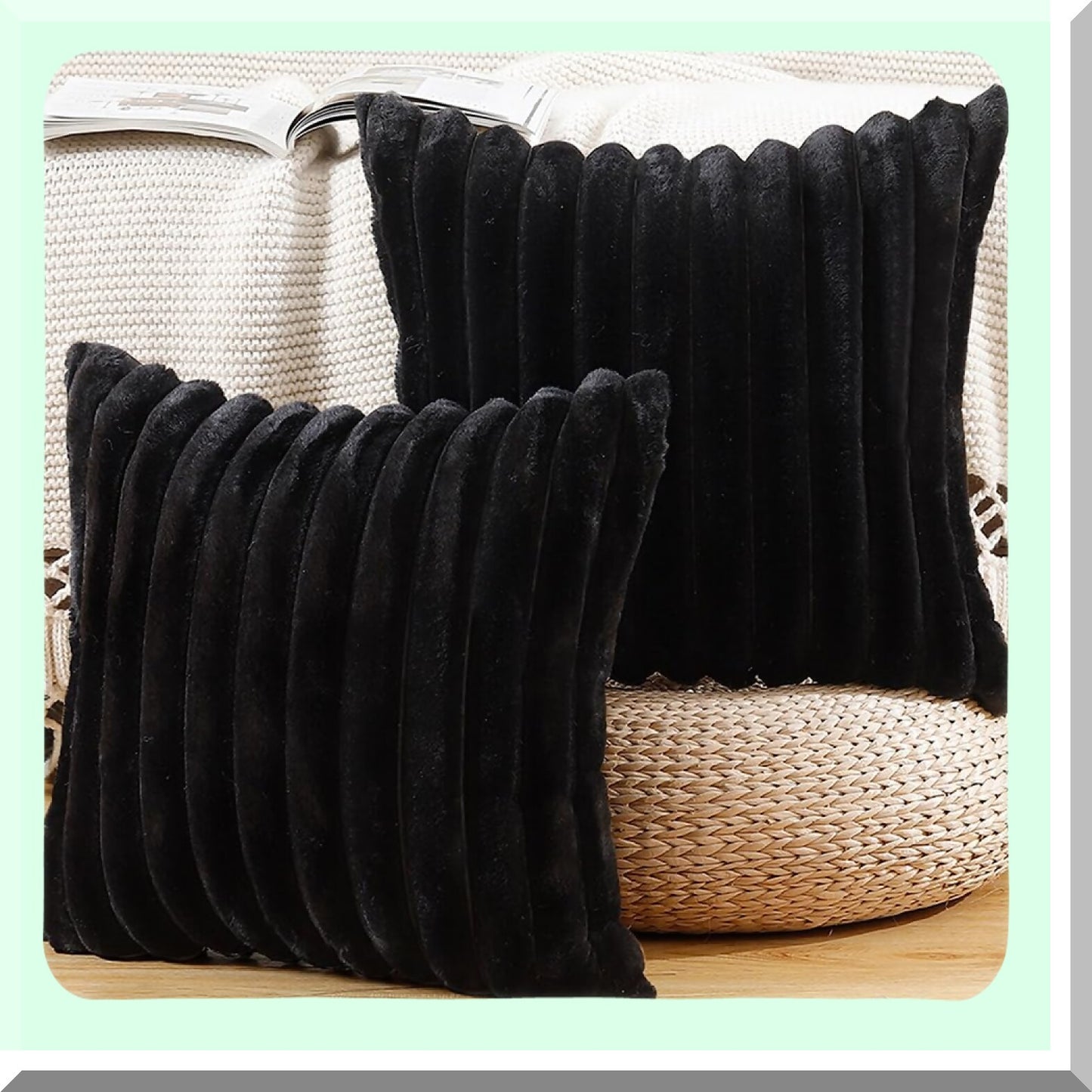 Luxury Wool Stripe Pillow Covers - Set of 2 24x24 Inch Black Fluffy Cushion Shell for Sofa & Bedroom Decor - Soft Plush Decorative Throw Pillows