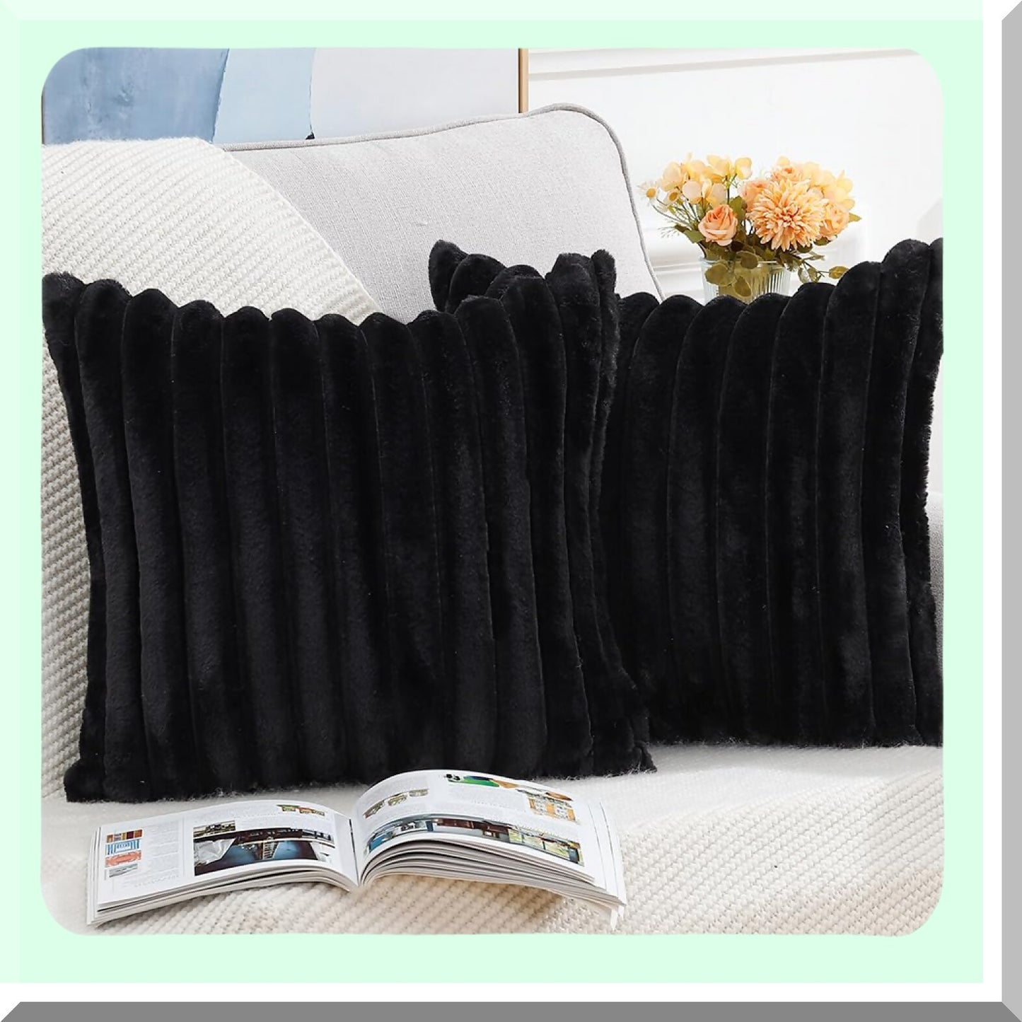 Luxury Wool Stripe Pillow Covers - Set of 2 24x24 Inch Black Fluffy Cushion Shell for Sofa & Bedroom Decor - Soft Plush Decorative Throw Pillows