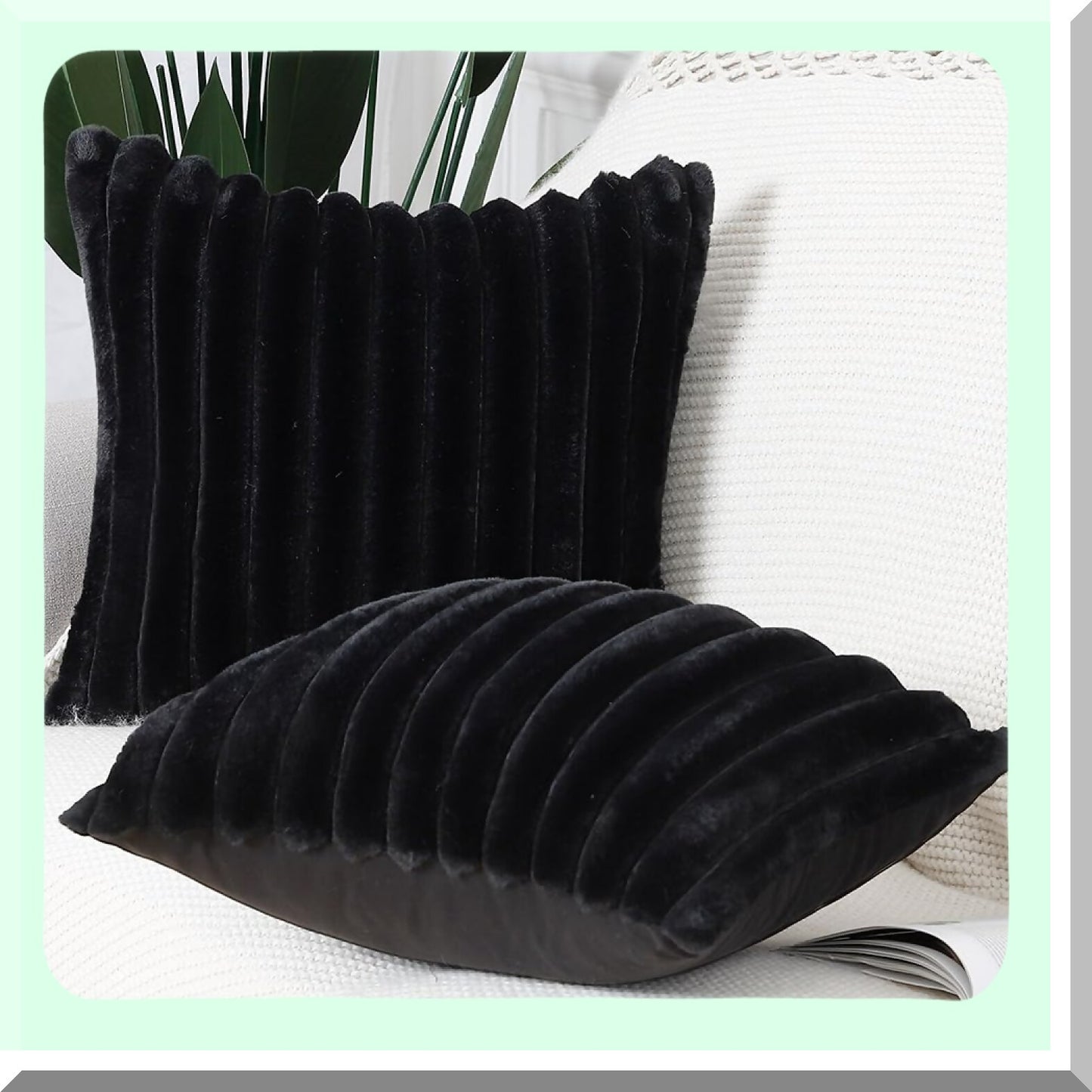 Luxury Wool Stripe Pillow Covers - Set of 2 24x24 Inch Black Fluffy Cushion Shell for Sofa & Bedroom Decor - Soft Plush Decorative Throw Pillows