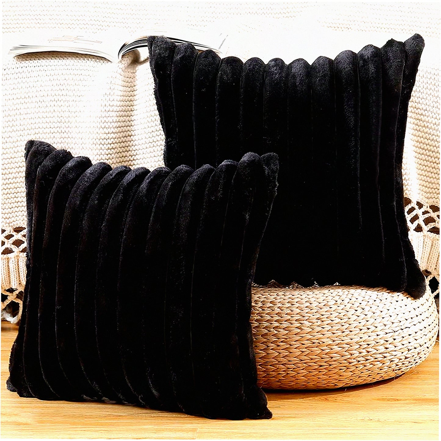 Luxury Wool Stripe Pillow Covers - Set of 2 24x24 Inch Black Fluffy Cushion Shell for Sofa & Bedroom Decor - Soft Plush Decorative Throw Pillows