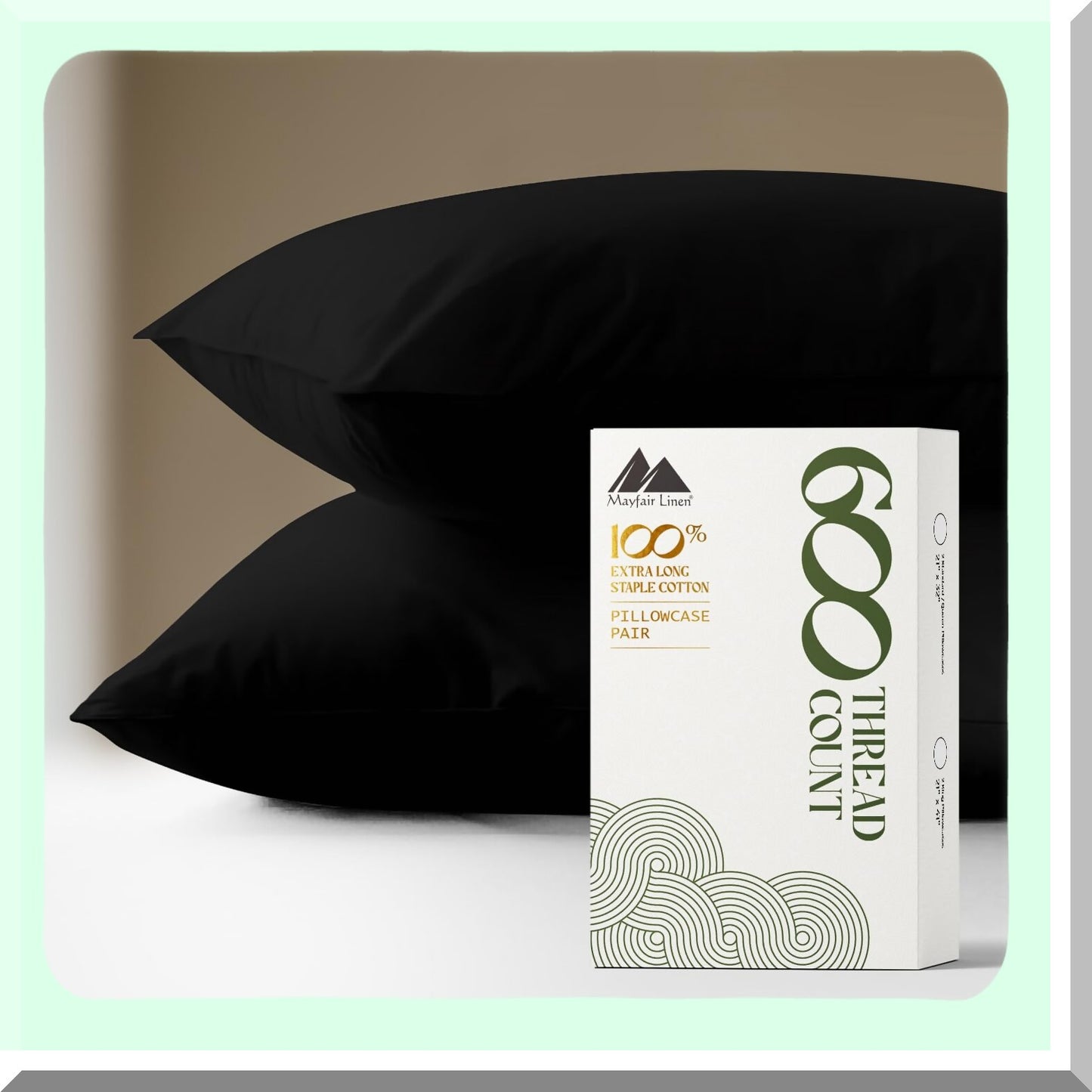 CoolCotton Sateen Pillowcase Set - 600 Thread Count, Soft & Breathable Queen/Standard Size Pillow Cases in Black - 100% Pure Cotton Quality