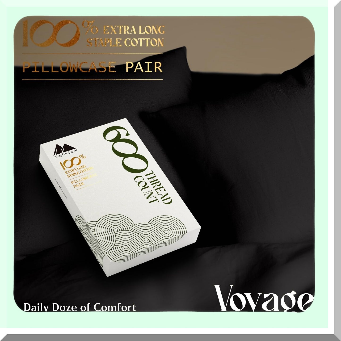 CoolCotton Sateen Pillowcase Set - 600 Thread Count, Soft & Breathable Queen/Standard Size Pillow Cases in Black - 100% Pure Cotton Quality