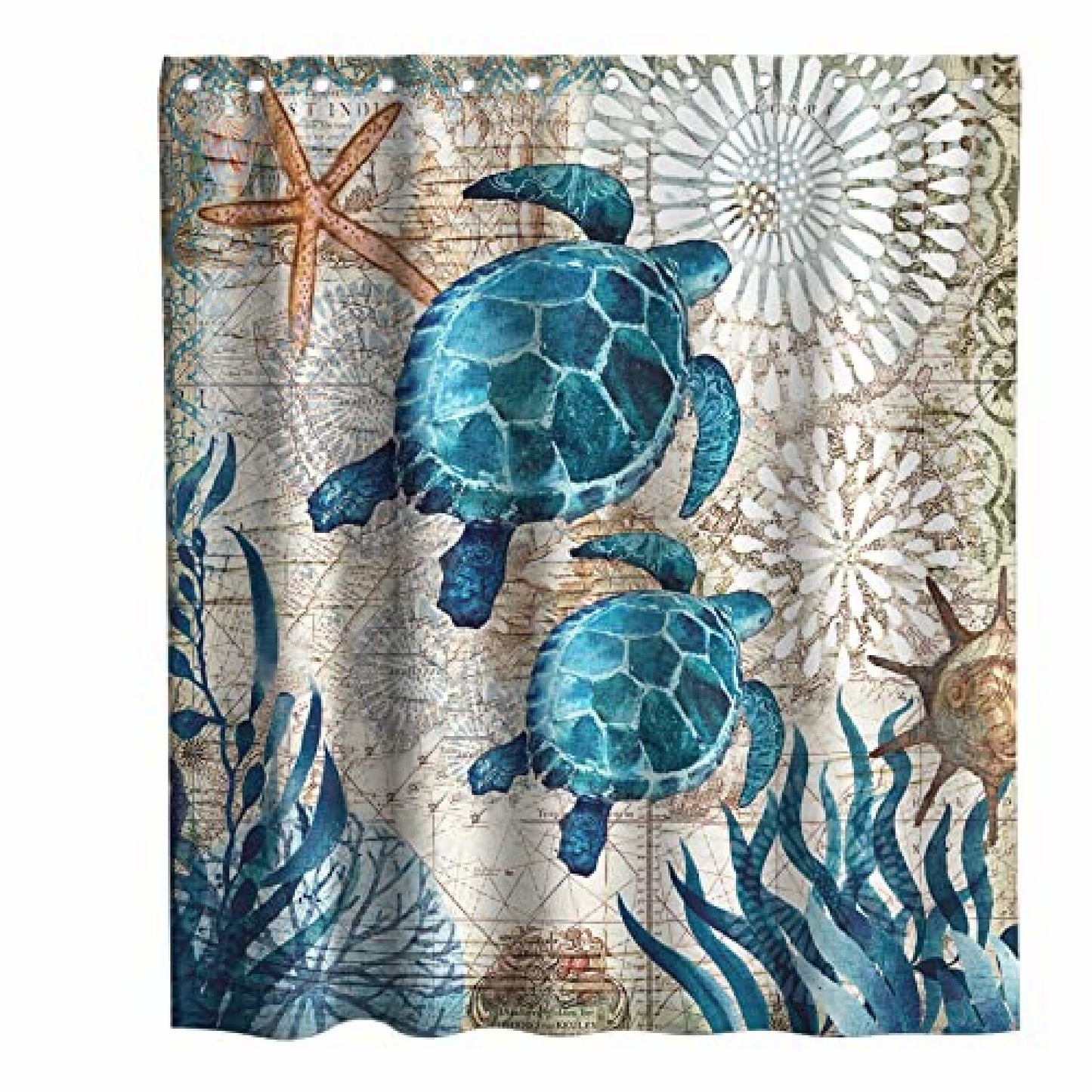 Nautical Green Sea Turtles Fabric Shower Curtain 72x72