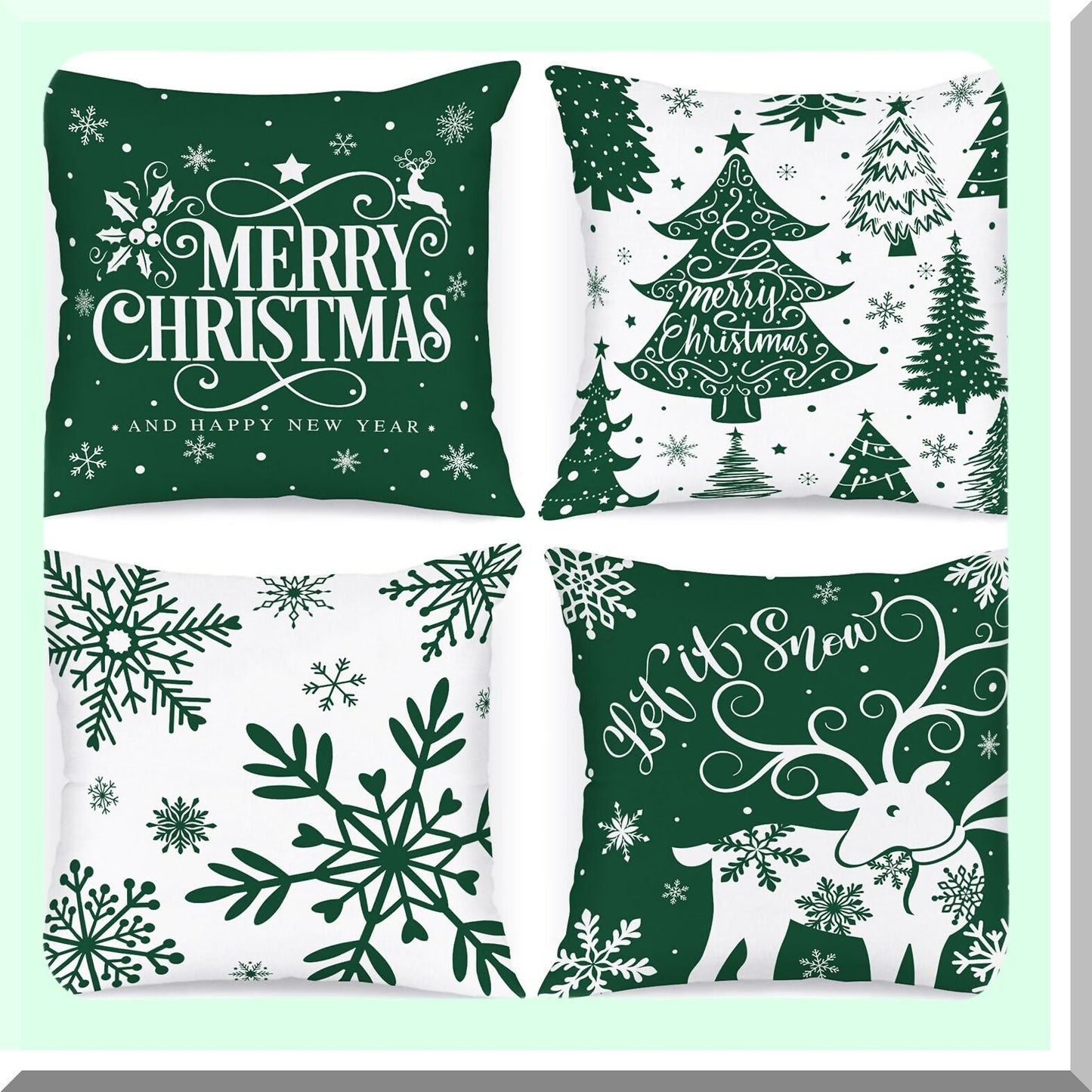 Winter Wonderland Snowflake Pillow Cover Set - 16x16 Decorative Xmas Cushion Case for Indoor Sofa, White & Green Throw Pillow Covers (Pack of 4)