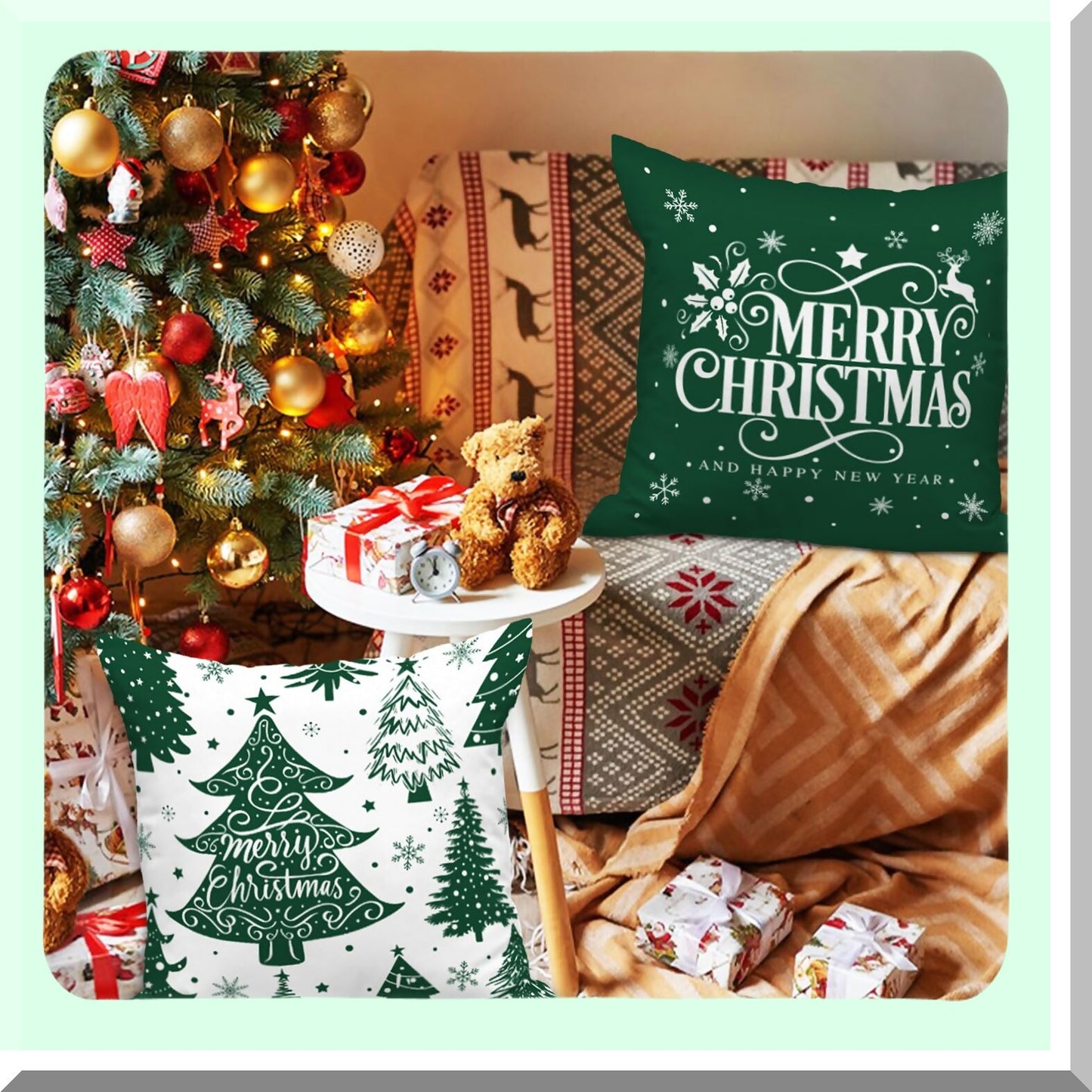 Winter Wonderland Snowflake Pillow Cover Set - 16x16 Decorative Xmas Cushion Case for Indoor Sofa, White & Green Throw Pillow Covers (Pack of 4)