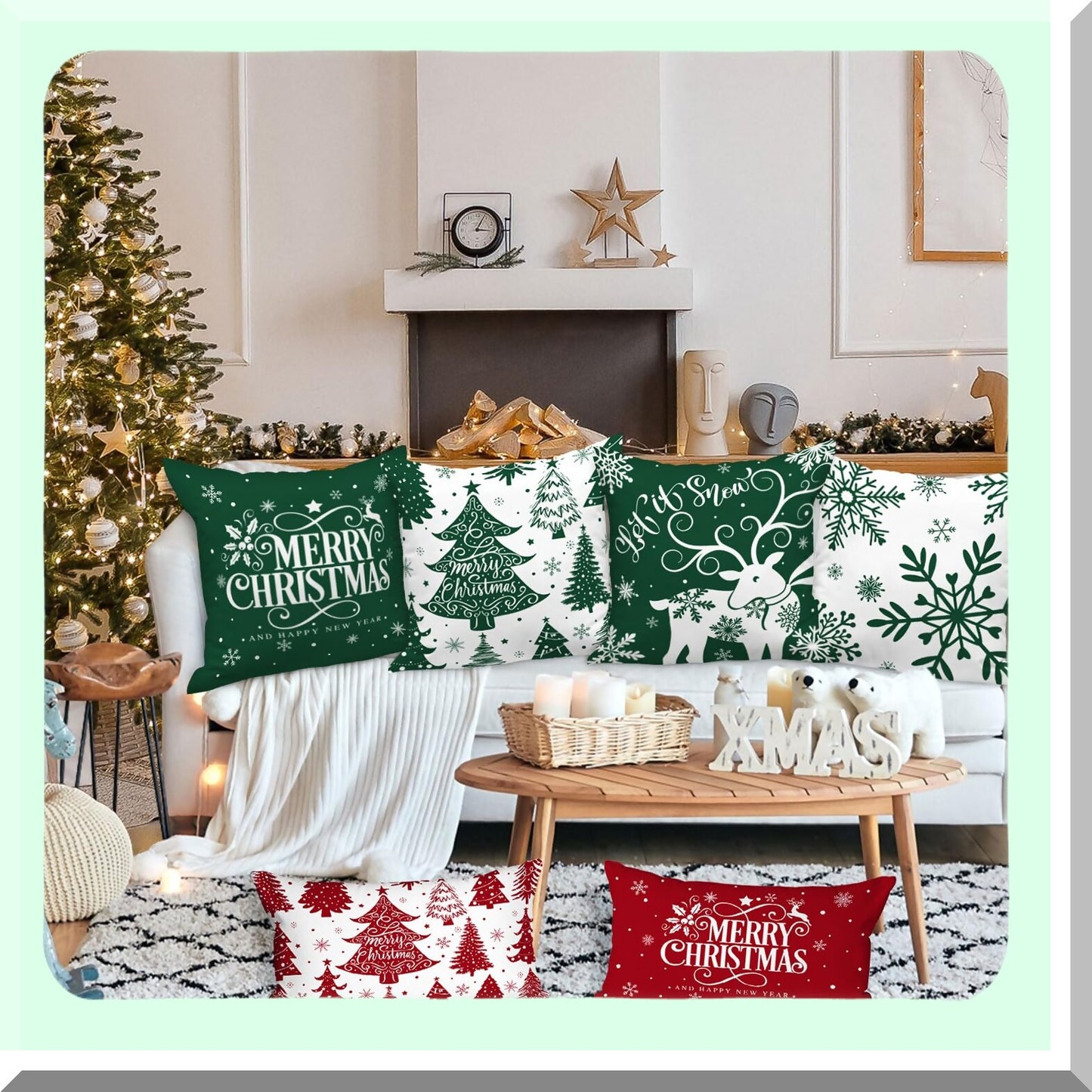 Winter Wonderland Snowflake Pillow Cover Set - 16x16 Decorative Xmas Cushion Case for Indoor Sofa, White & Green Throw Pillow Covers (Pack of 4)