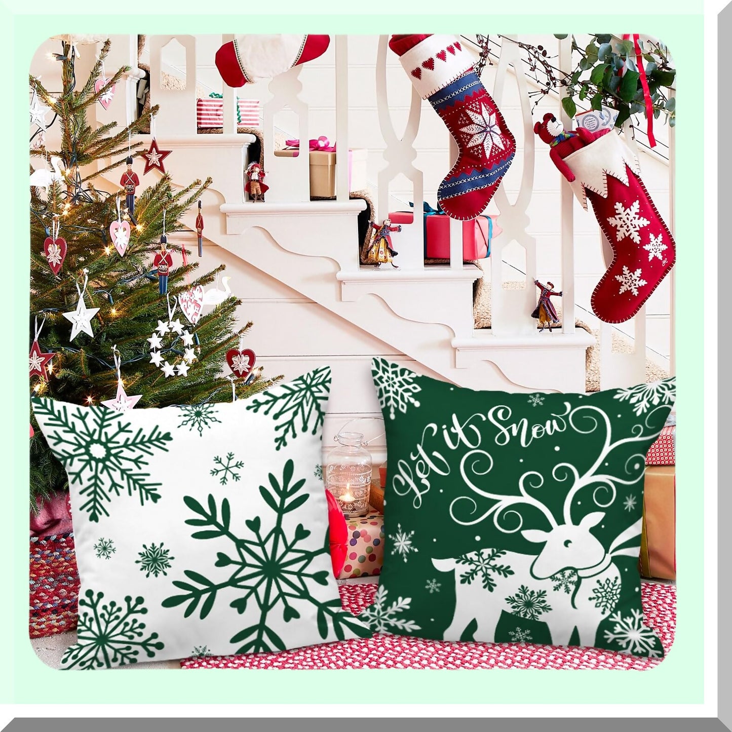 Winter Wonderland Snowflake Pillow Cover Set - 16x16 Decorative Xmas Cushion Case for Indoor Sofa, White & Green Throw Pillow Covers (Pack of 4)