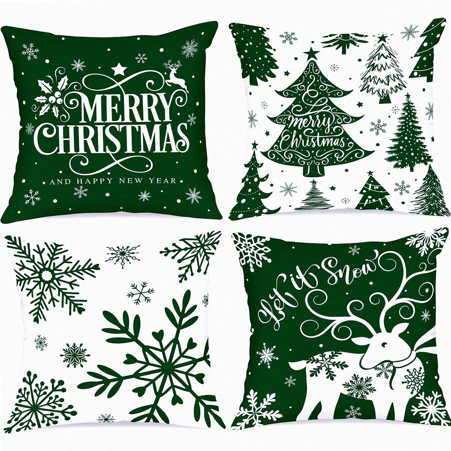 Winter Wonderland Snowflake Pillow Cover Set - 16x16 Decorative Xmas Cushion Case for Indoor Sofa, White & Green Throw Pillow Covers (Pack of 4)