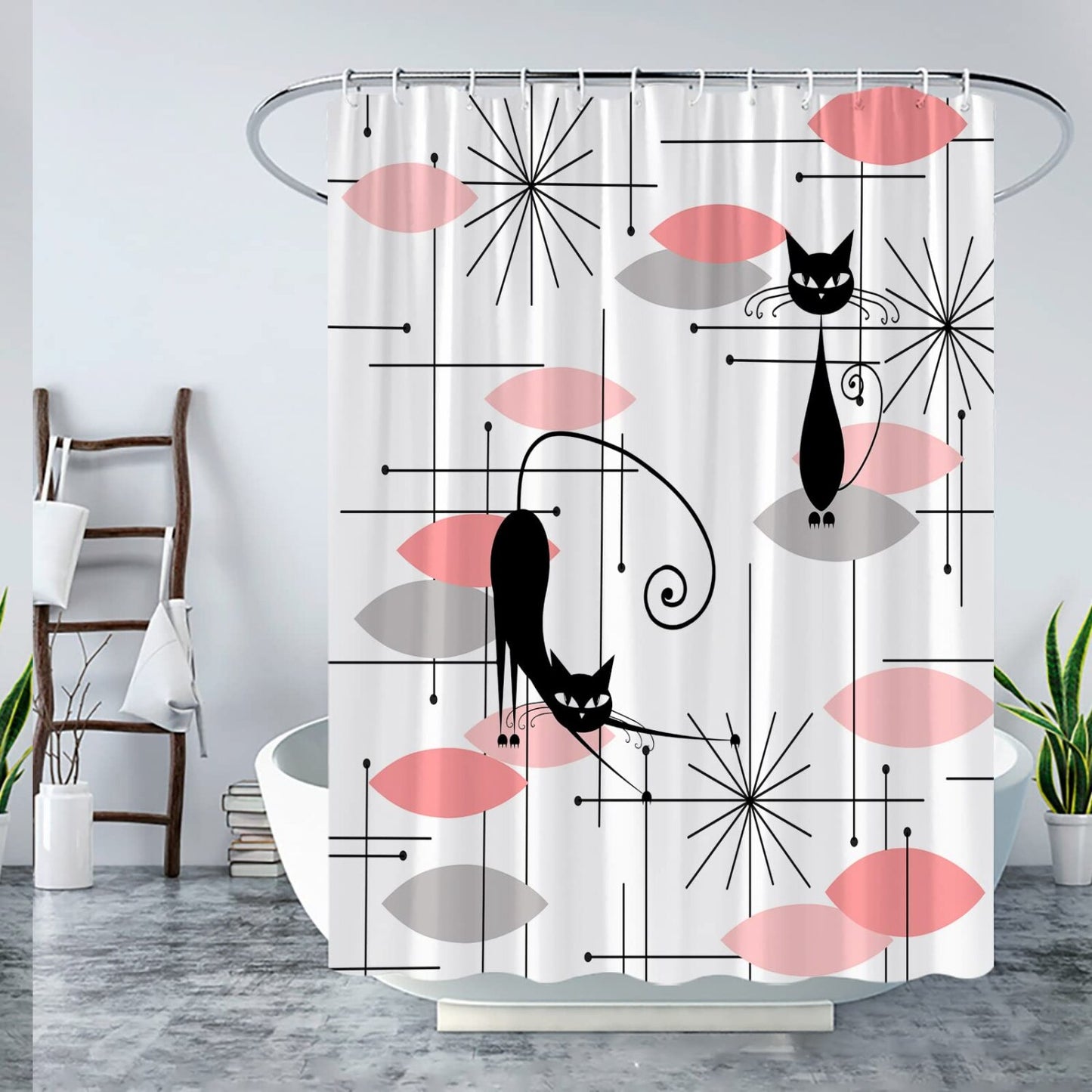 Black Cat Shower Curtain with Hooks, 70x70 inch