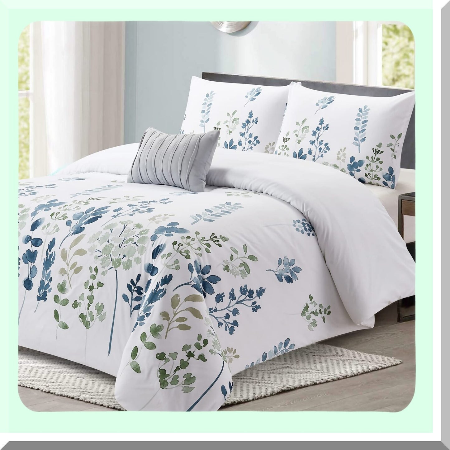 Floral Bliss Comforter Set - 4 Piece Bedding Ensemble with Meadow Walk Design, Soft & Cozy Quarters Size Comfort for All Seasons - Includes 106x90 Comforter, 2 Shams, Decorative Pillow