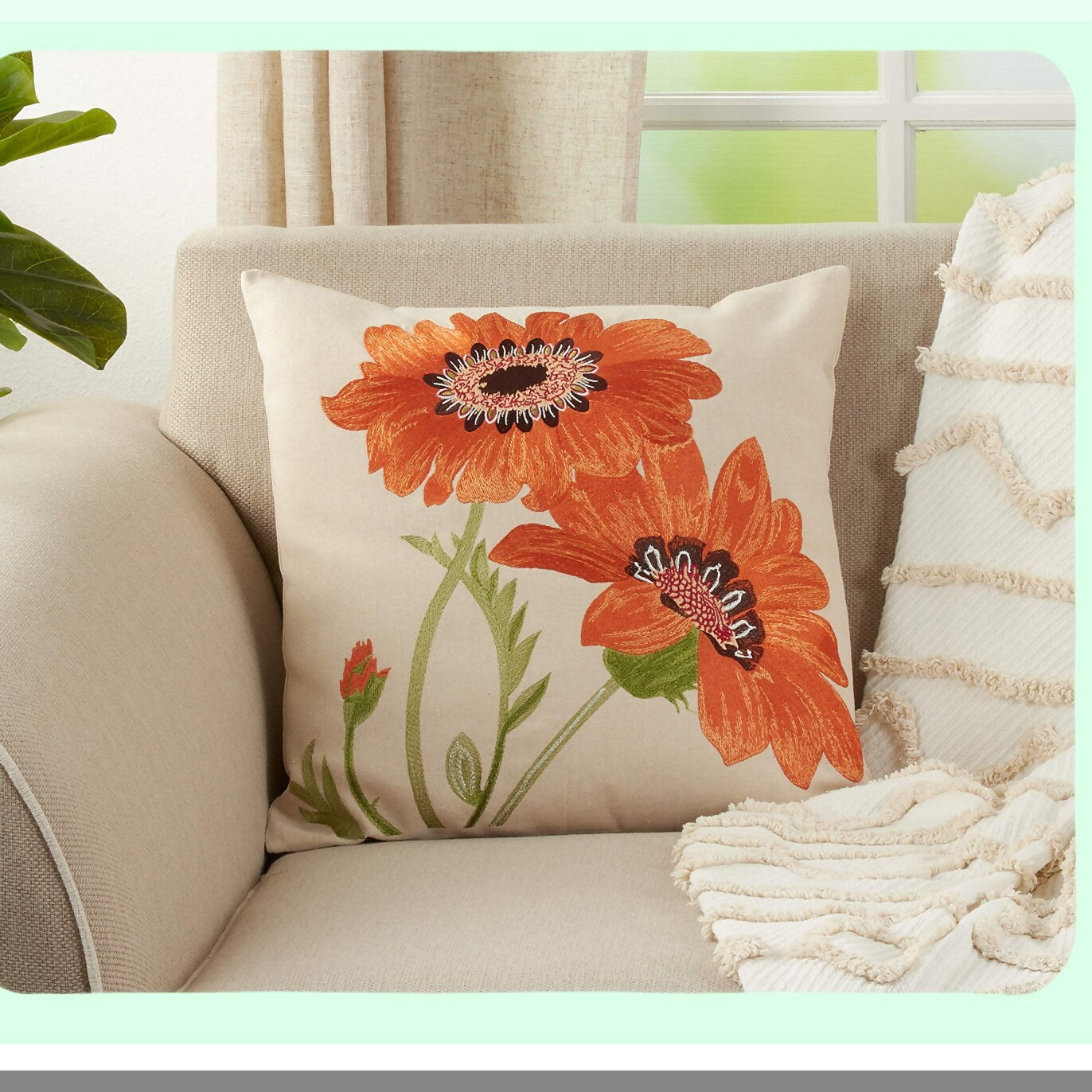 Sunflower Bliss Linen Blend Throw Pillow - Embroidered Design, Filled with Comfort - Vibrant Orange Accent for Home Decor - Le Tournesol Collection